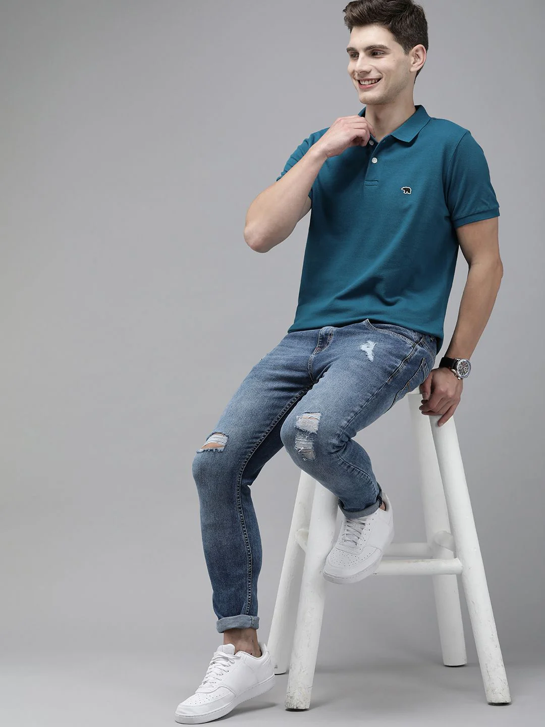 THE BEAR HOUSE Men Teal Blue Polo Collar Slim Fit Cotton Pure Cotton T-shirt - Image 6