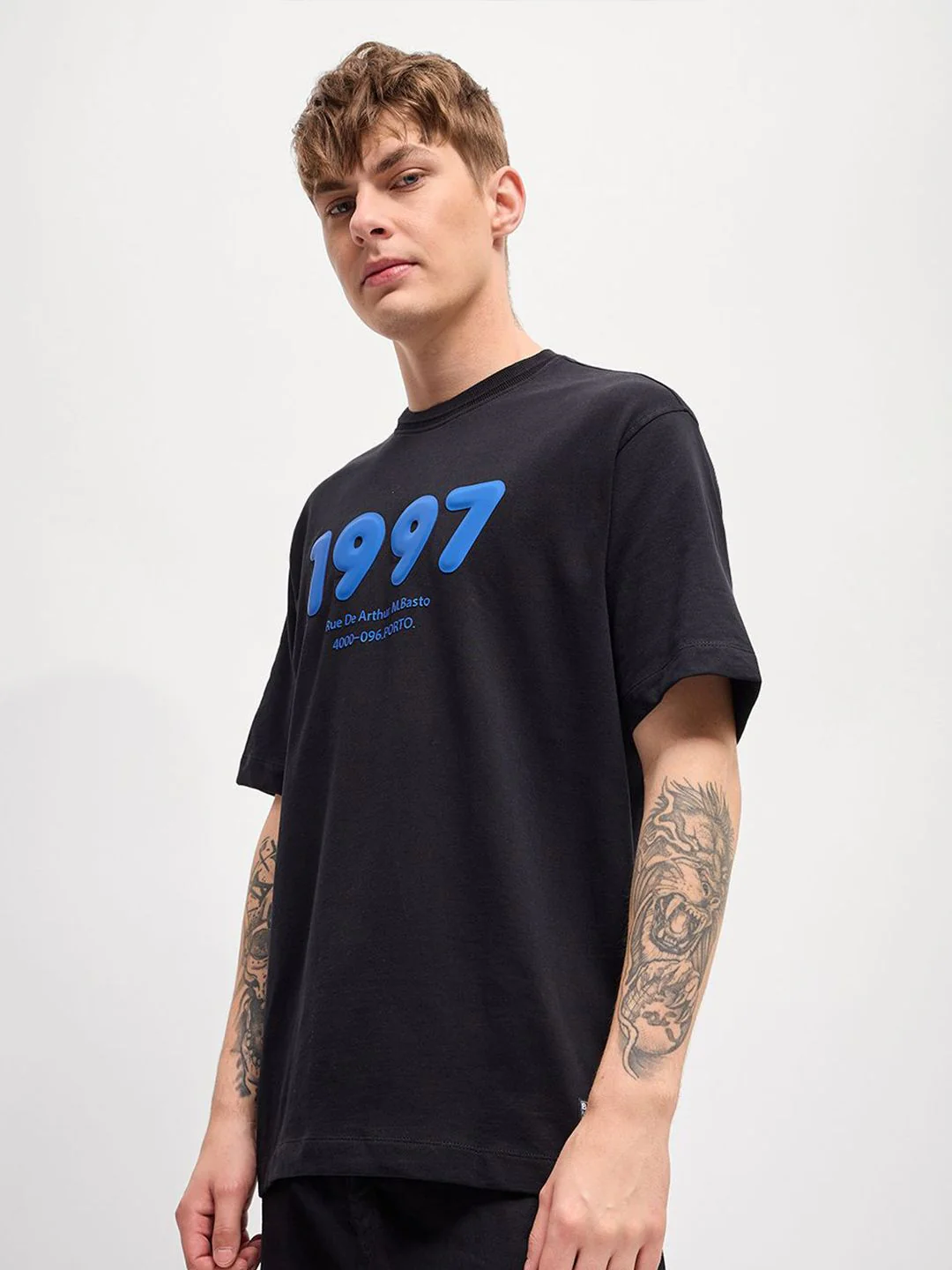 THE BEAR HOUSE Men Typography Printed Round Neck Pure Cotton Oversized T-Shirt - Image 3