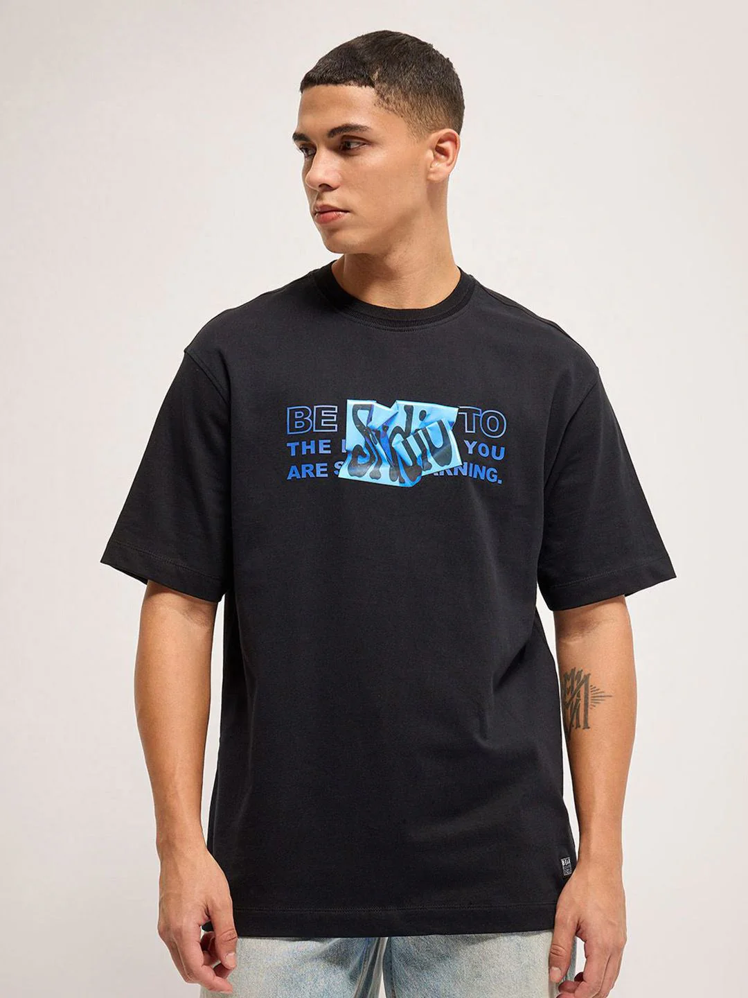 THE BEAR HOUSE Men Typography Printed Round Neck Cotton Oversized T-Shirt - Image 2