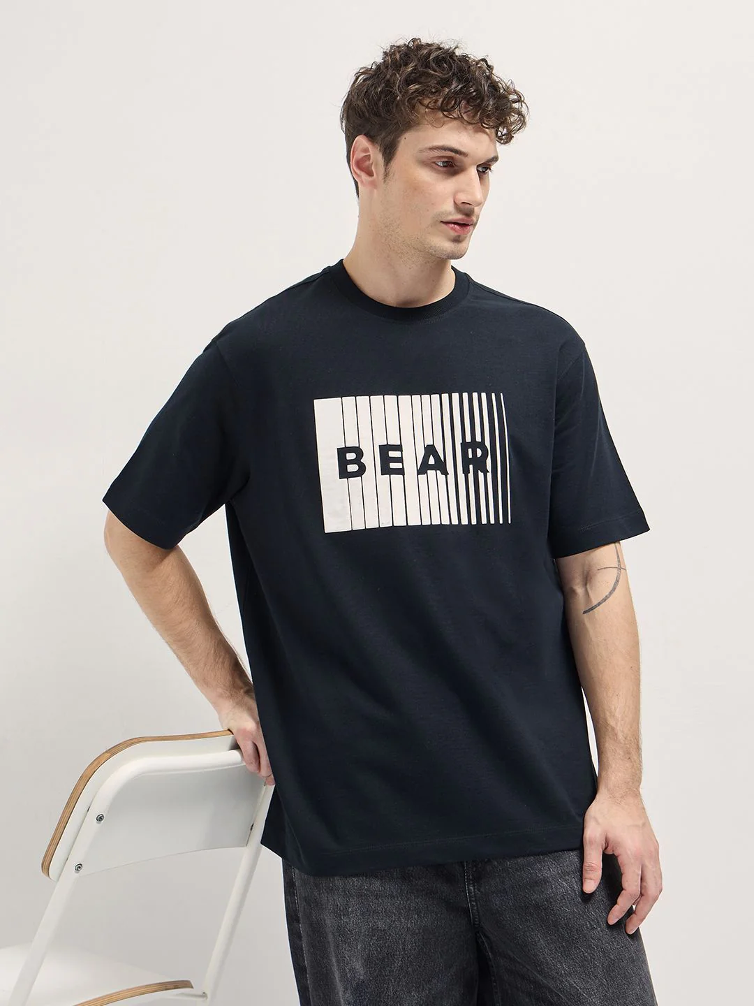 THE BEAR HOUSE Men Typography Printed Round Neck Cotton Oversized T-shirt
