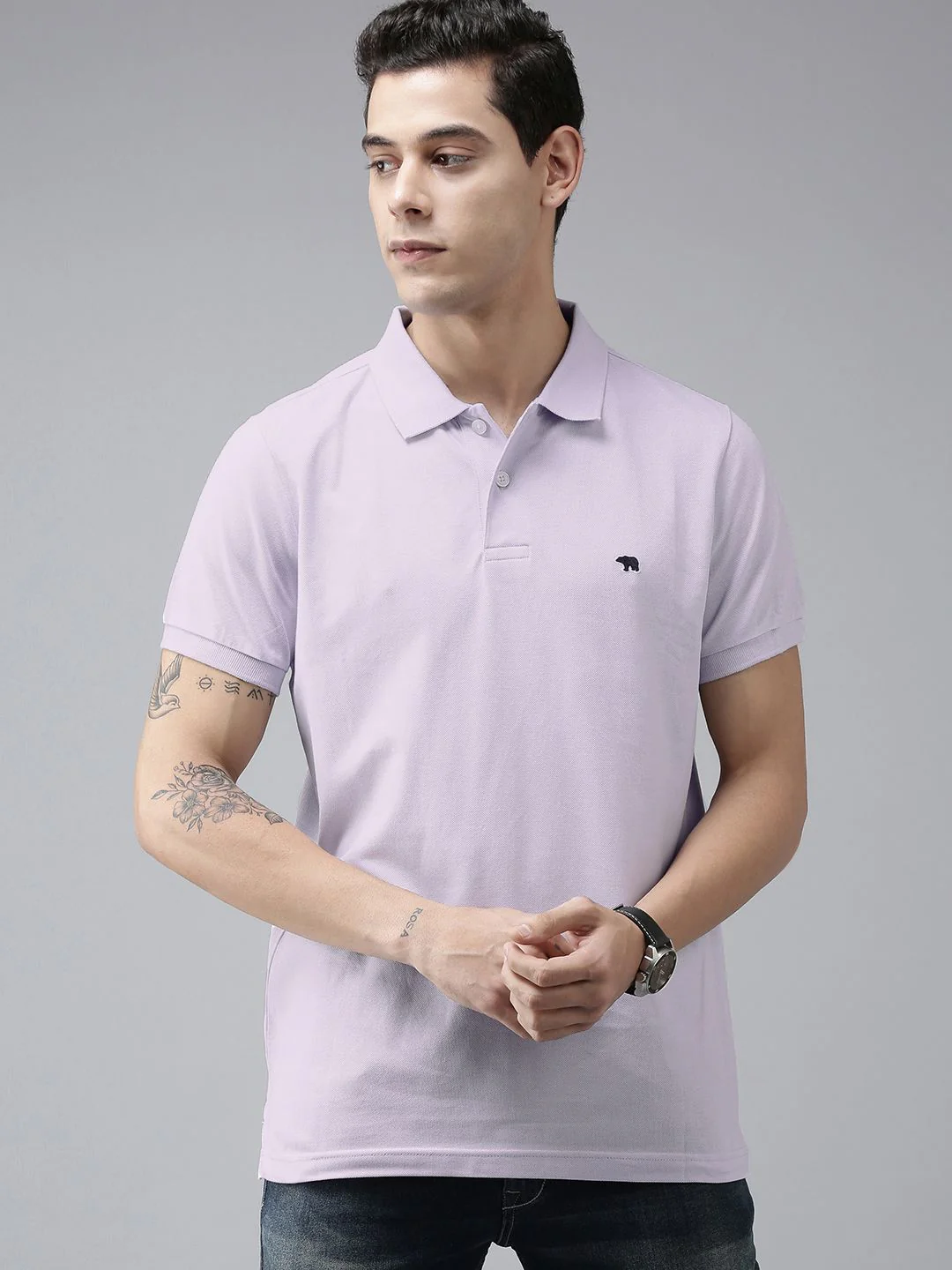THE BEAR HOUSE Men Violet Polo Collar Slim Fit T-shirt - Image 3