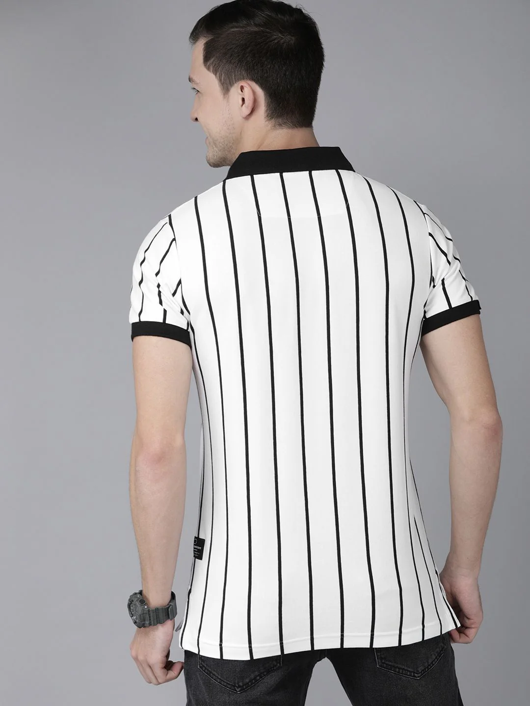 THE BEAR HOUSE Men White Black Striped Polo Collar Slim Fit Pure Cotton T-shirt - Image 5