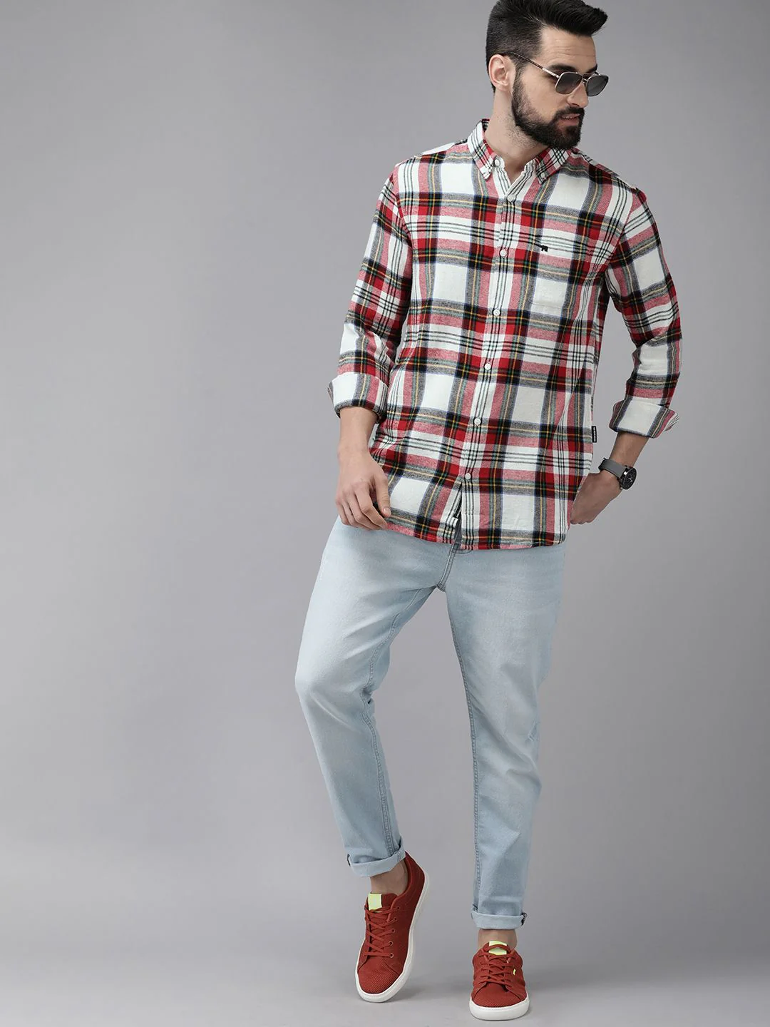 THE BEAR HOUSE Men White & Red Slim Fit Checked Cotton Flannel Casual Shirt - Image 6