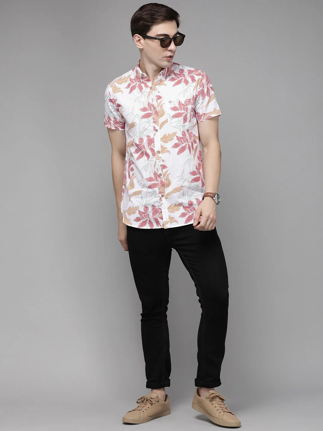 THE BEAR HOUSE Men White Slim Fit Floral Print Pure Cotton Casual Shirt - Image 4