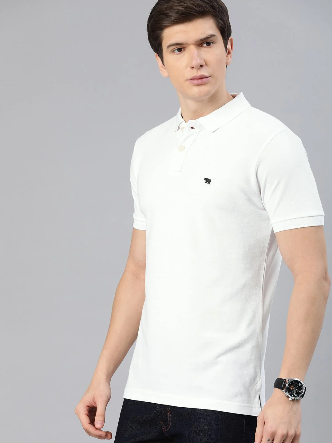 THE BEAR HOUSE Men White Solid Slim Fit Polo Collar Pure Cotton T-shirt - Image 3