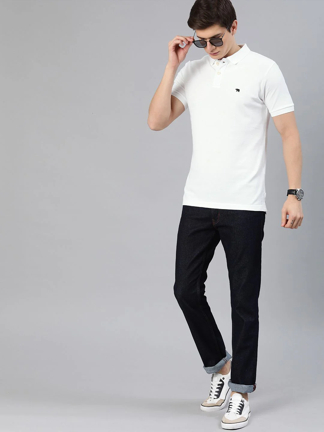 THE BEAR HOUSE Men White Solid Slim Fit Polo Collar Pure Cotton T-shirt - Image 4
