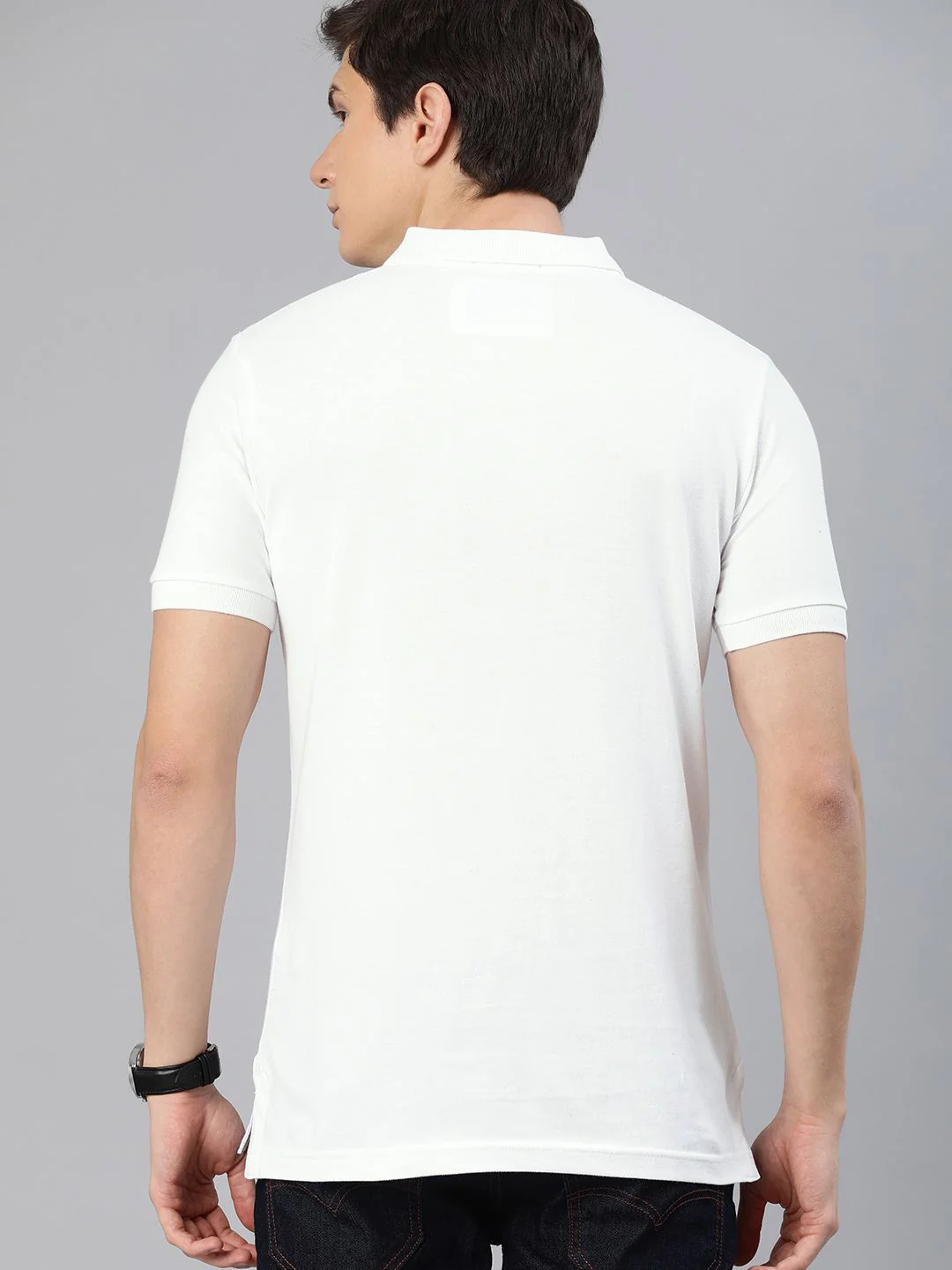 THE BEAR HOUSE Men White Solid Slim Fit Polo Collar Pure Cotton T-shirt - Image 5