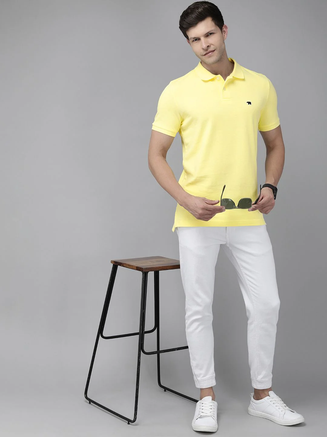 THE BEAR HOUSE Men Yellow Polo Collar Slim Fit Cotton T-shirt - Image 4