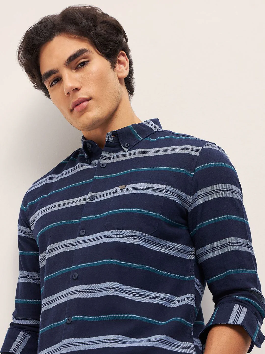 THE BEAR HOUSE Pure Cotton Button-Down Collar Multi Striped Slim Fit Casual Shirt - Image 3
