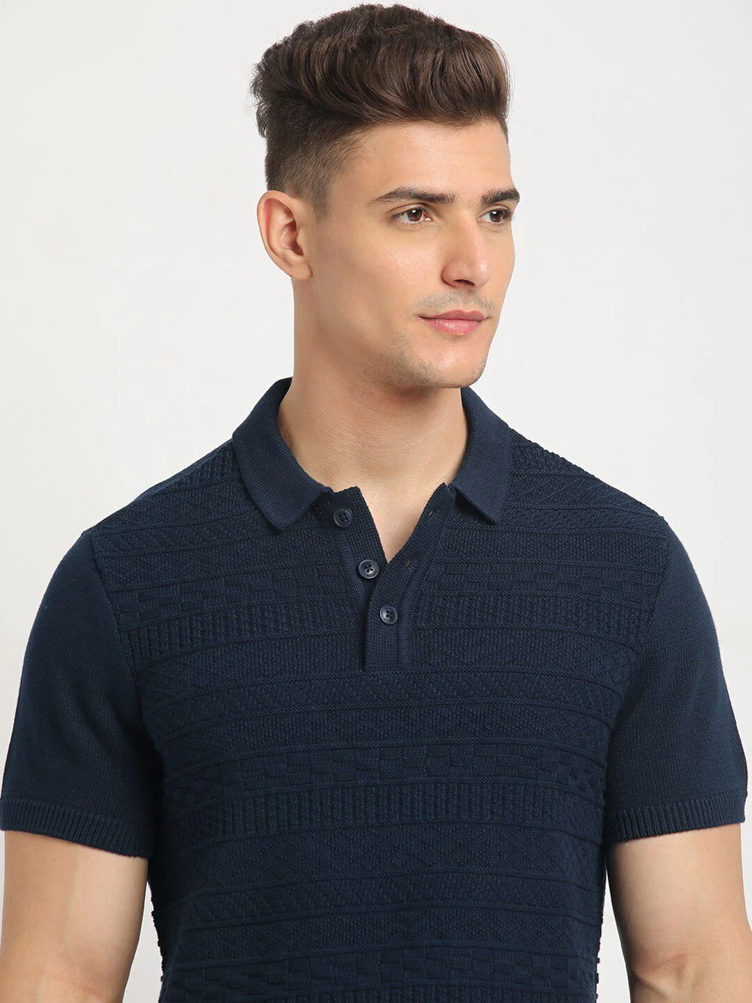 THE BEAR HOUSE Self Design Polo Collar Short Sleeves Cotton T-shirt - Image 2