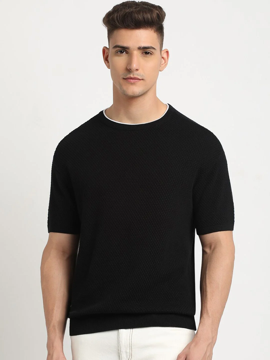 THE BEAR HOUSE Self Design Round Neck Drop-Shoulder Sleeves Cotton T-shirt - Image 2