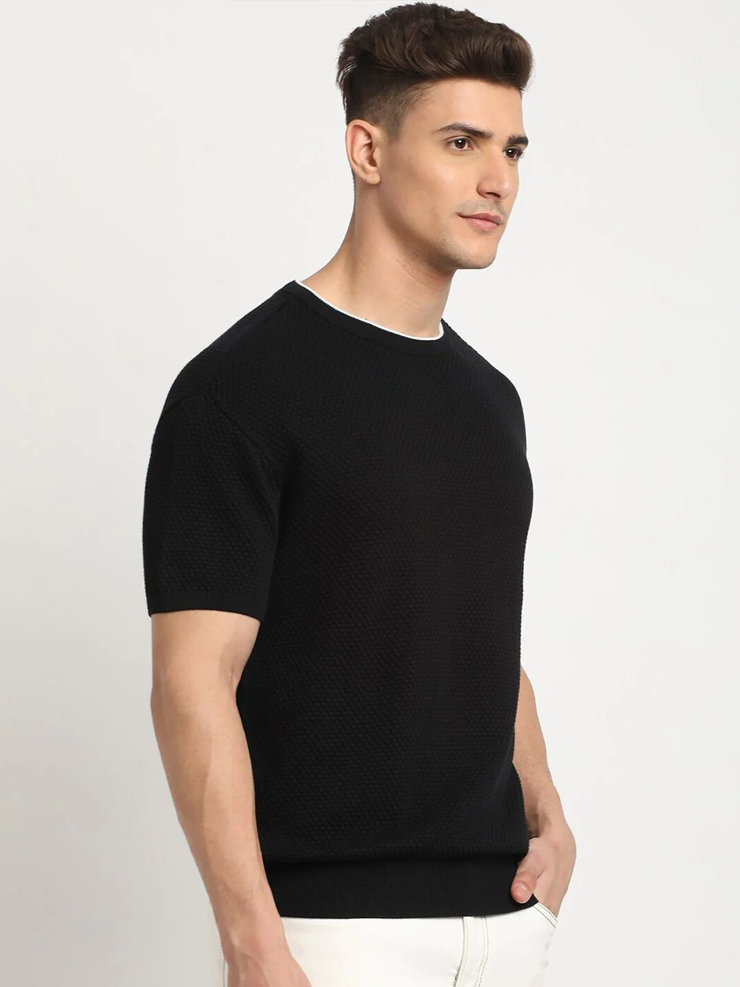 THE BEAR HOUSE Self Design Round Neck Drop-Shoulder Sleeves Cotton T-shirt - Image 5