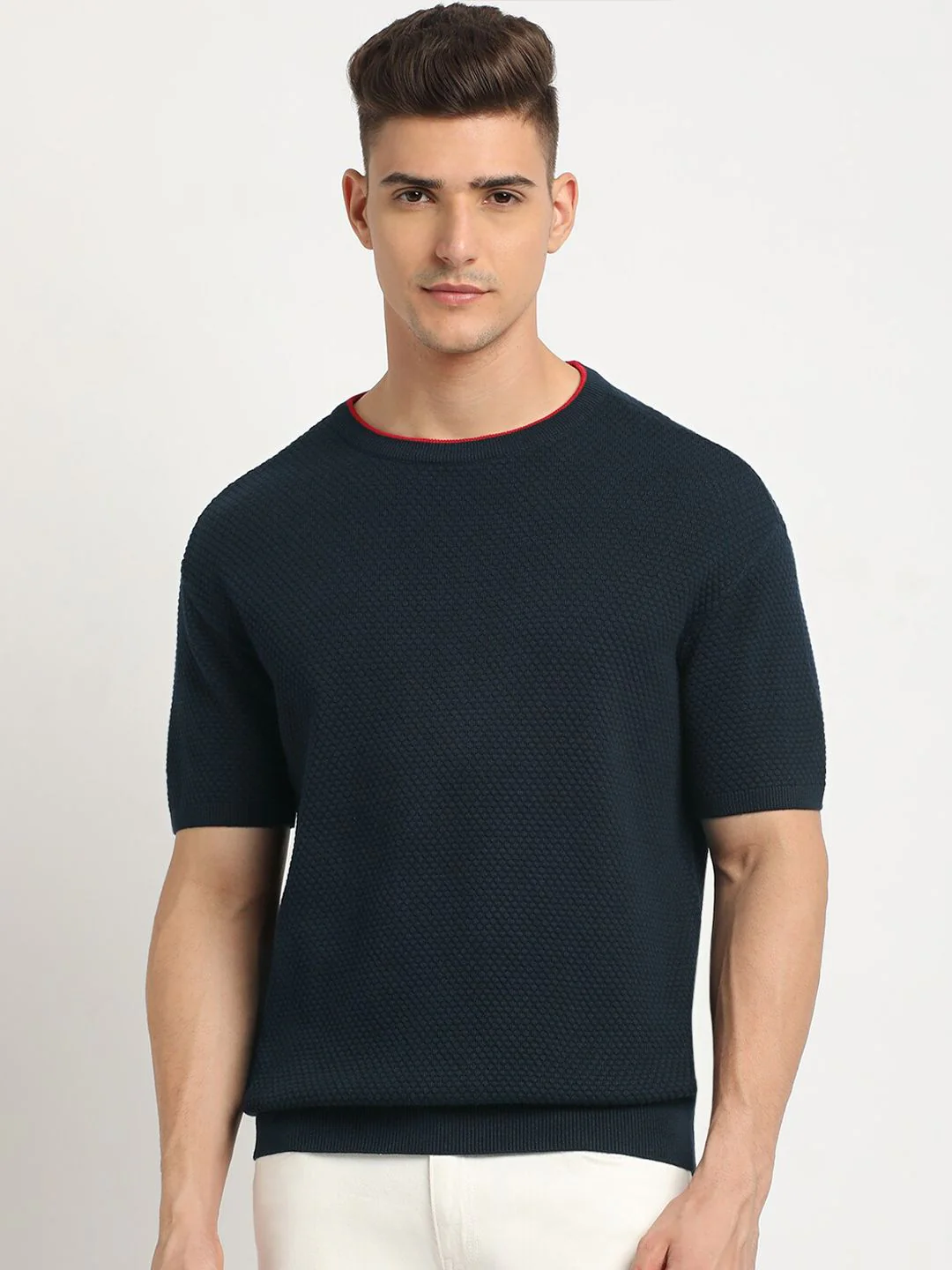 THE BEAR HOUSE Self Design Round Neck Drop-Shoulder Sleeves Cotton T-shirt - Image 2
