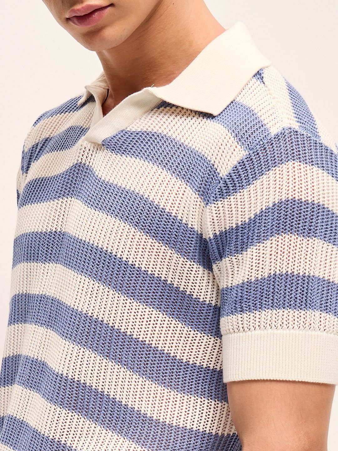 THE BEAR HOUSE Self Design Striped Relaxed Fit Polo Collar T-Shirt - Image 2