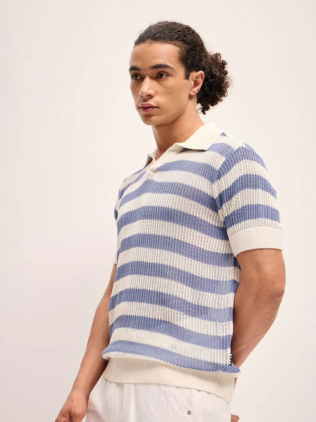 THE BEAR HOUSE Self Design Striped Relaxed Fit Polo Collar T-Shirt - Image 3
