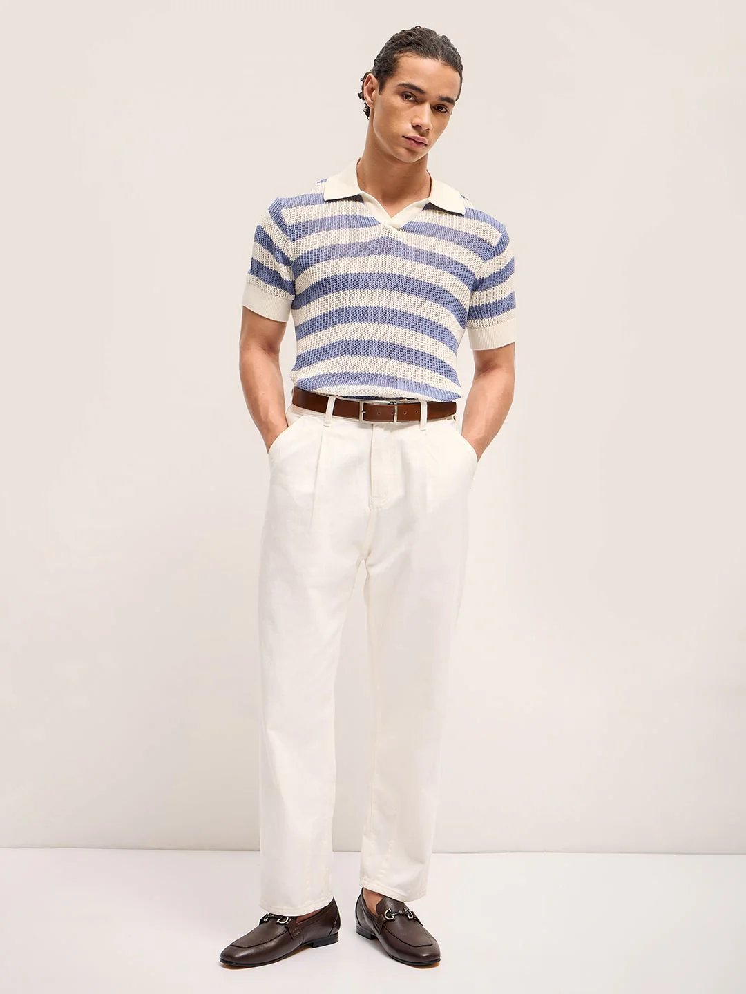 THE BEAR HOUSE Self Design Striped Relaxed Fit Polo Collar T-Shirt - Image 4