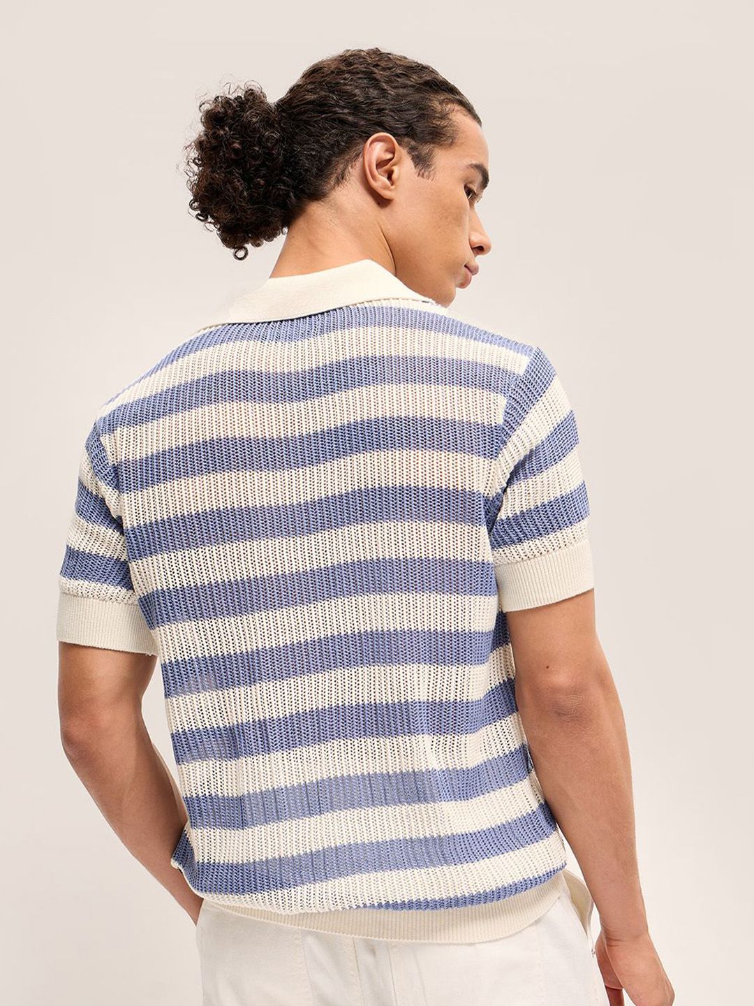 THE BEAR HOUSE Self Design Striped Relaxed Fit Polo Collar T-Shirt - Image 5