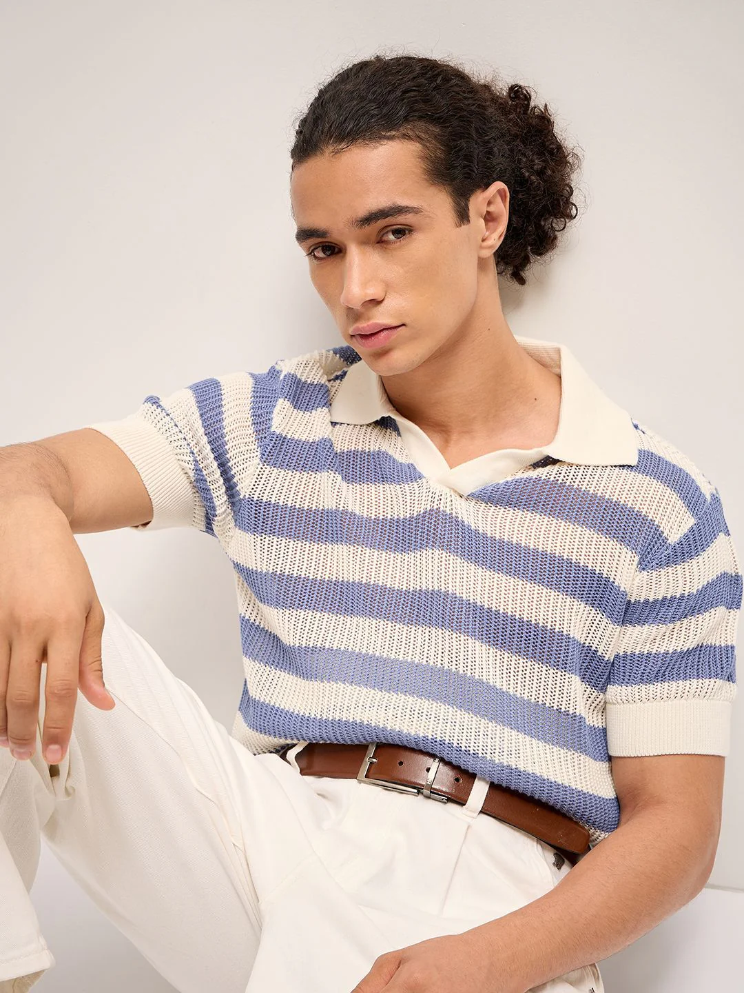 THE BEAR HOUSE Self Design Striped Relaxed Fit Polo Collar T-Shirt - Image 6