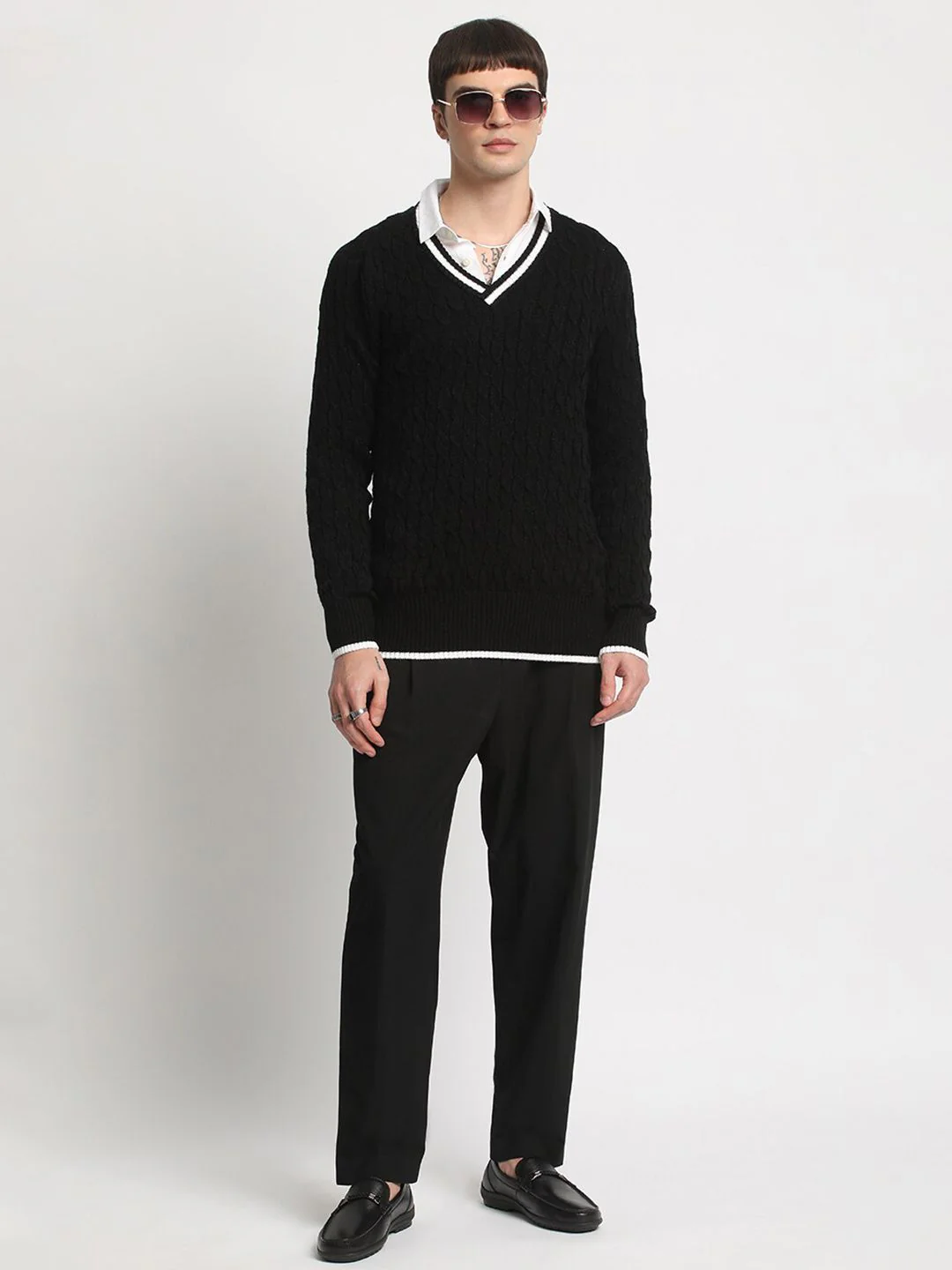 THE BEAR HOUSE Men Self Design V-Neck Woollen Pullover - Image 6