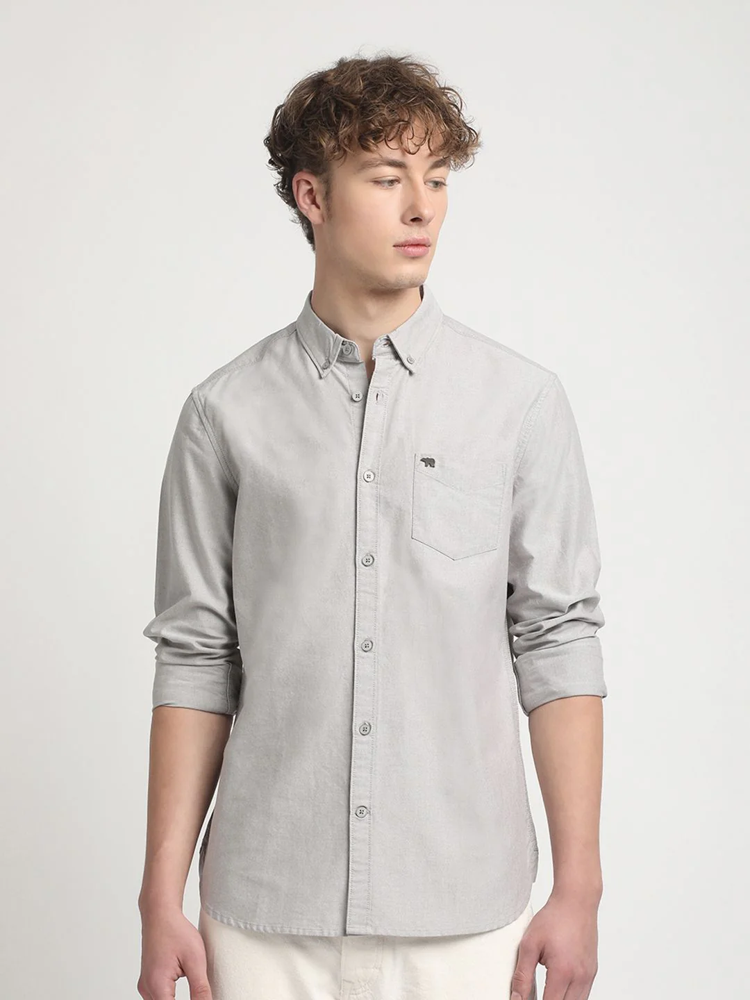 THE BEAR HOUSE Slim Fit Button Down Collar Chest Pocket Pure Cotton Casual Shirt