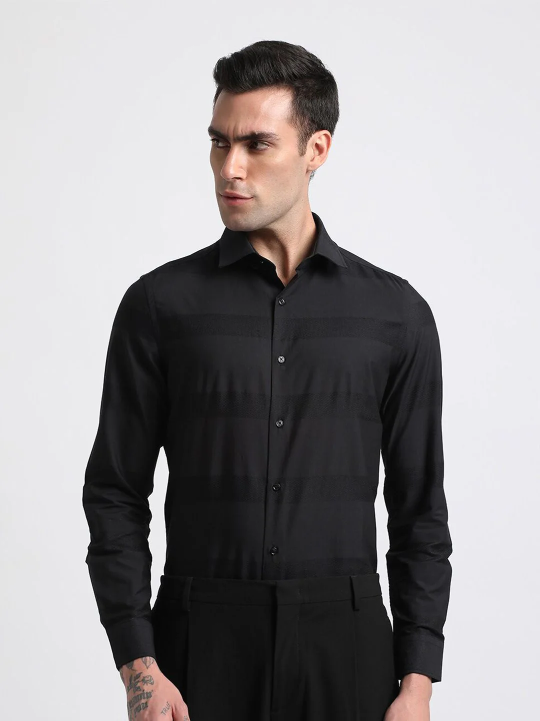 THE BEAR HOUSE Slim Fit Horizontal Stripes Pure Cotton Formal Shirt