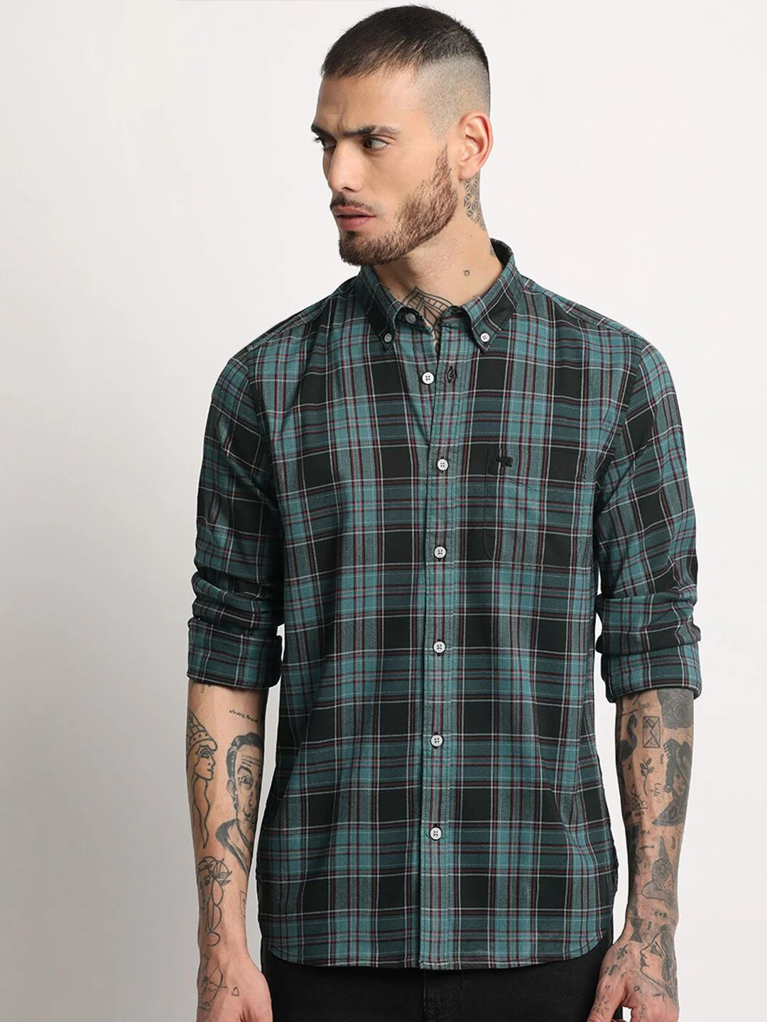 THE BEAR HOUSE Slim Fit Tartan Checks Opaque Checked Casual Shirt - Image 2