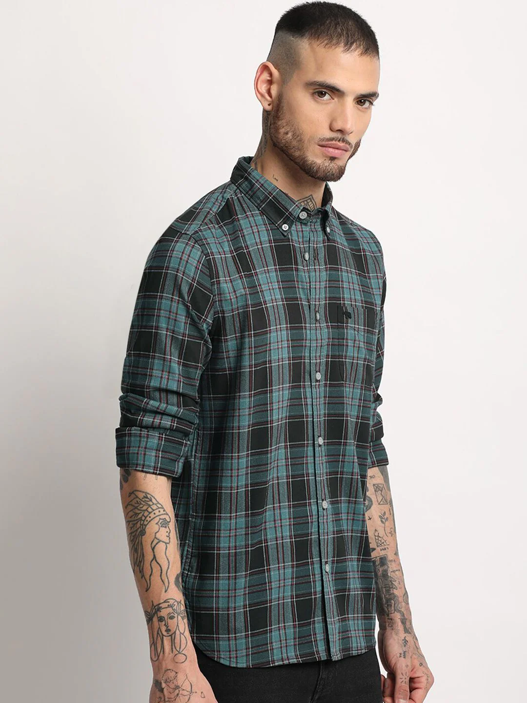 THE BEAR HOUSE Slim Fit Tartan Checks Opaque Checked Casual Shirt - Image 5