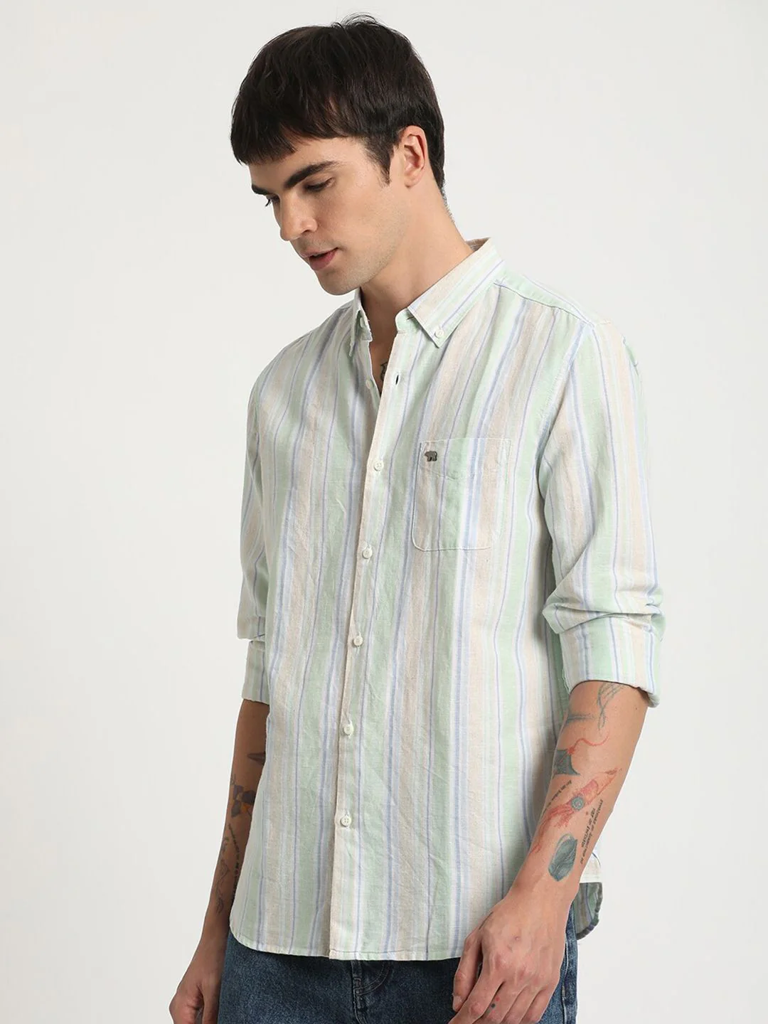 THE BEAR HOUSE Slim Fit Vertical Stripes Button-Down Collar Cotton Casual Shirt - Image 3