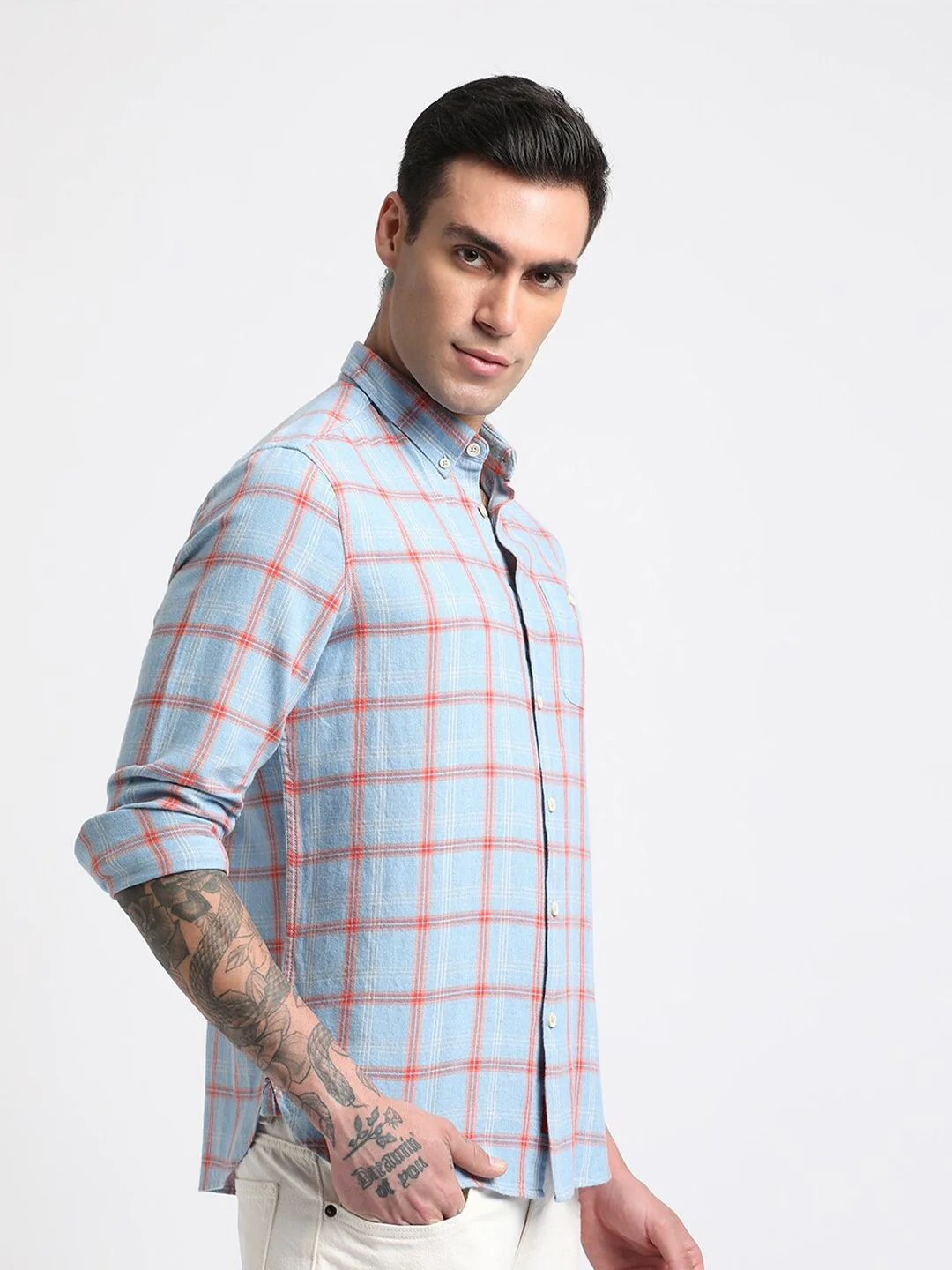 THE BEAR HOUSE Slim Fit Windowpane Checks Twill Pure Cotton Casual Shirt - Image 3
