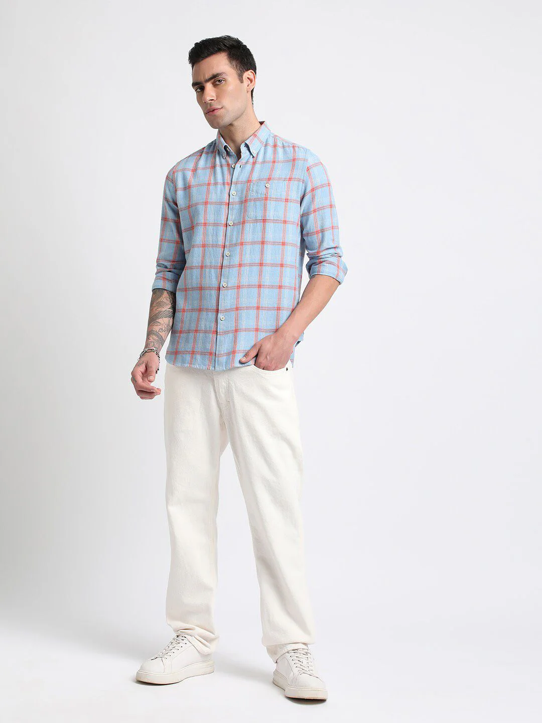 THE BEAR HOUSE Slim Fit Windowpane Checks Twill Pure Cotton Casual Shirt - Image 4