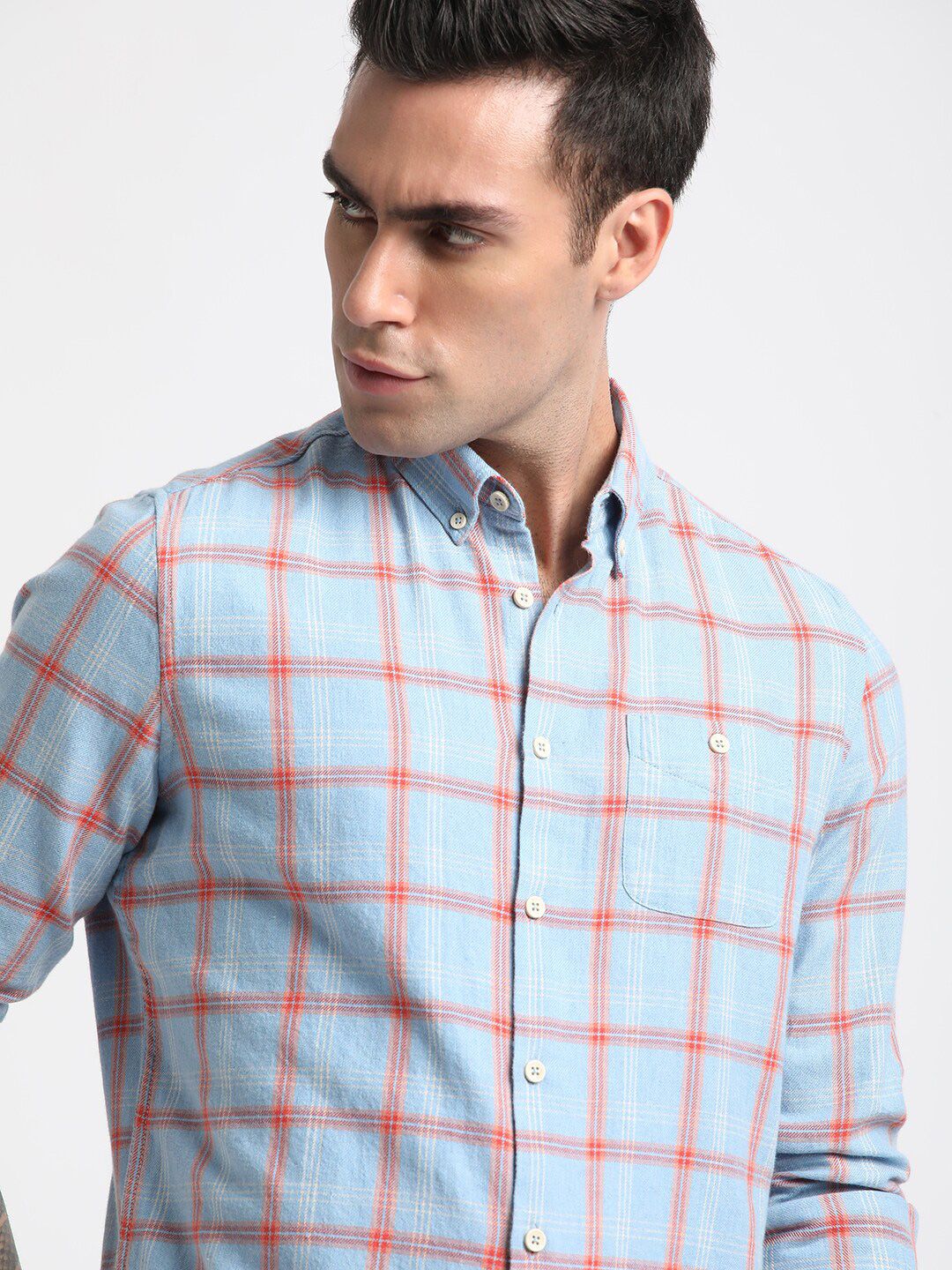 THE BEAR HOUSE Slim Fit Windowpane Checks Twill Pure Cotton Casual Shirt - Image 7
