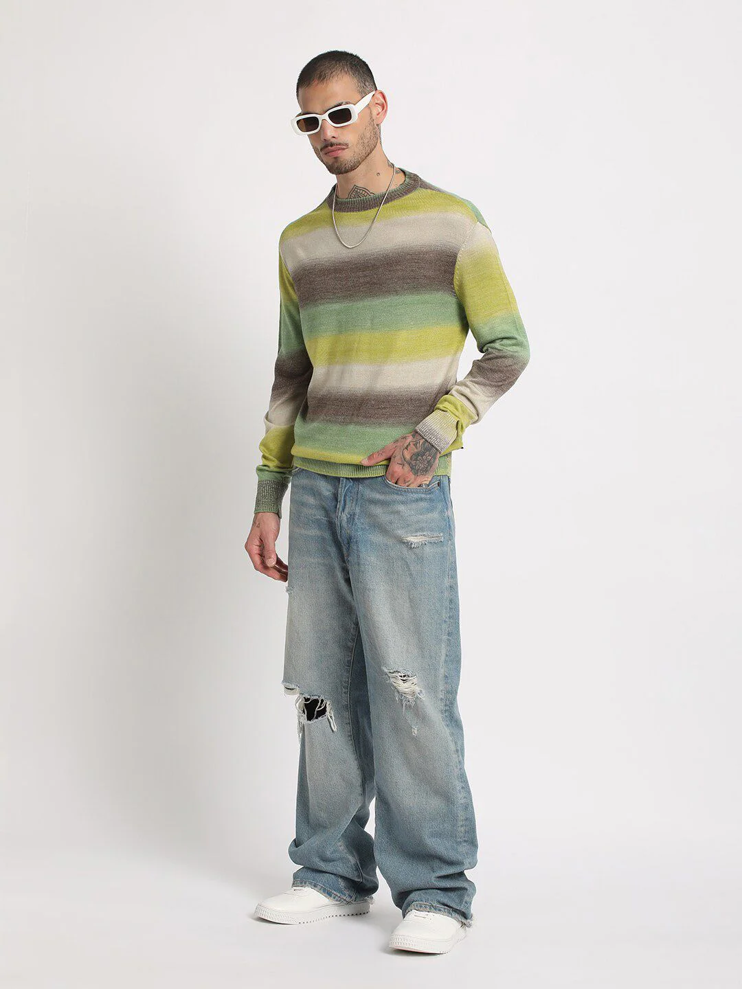 THE BEAR HOUSE Striped Drop-Shoulder Sleeves Acrylic Pullover Sweatshirt - Image 4