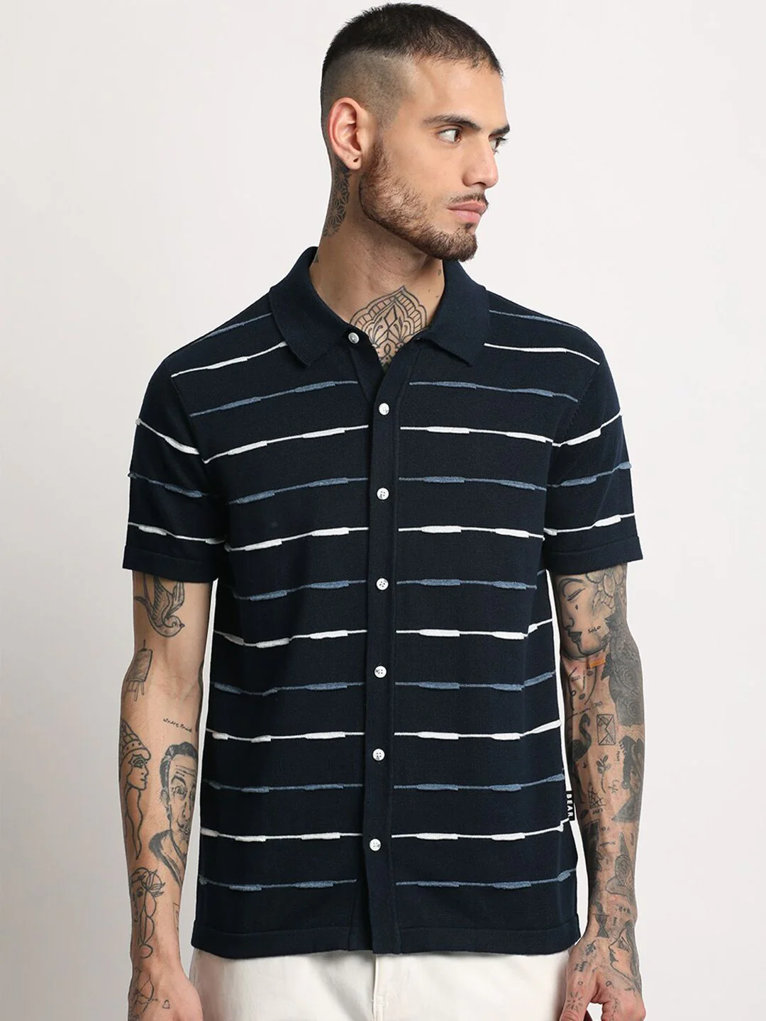 THE BEAR HOUSE Striped Polo Collar Pure Cotton Slim Fit T-shirt - Image 2