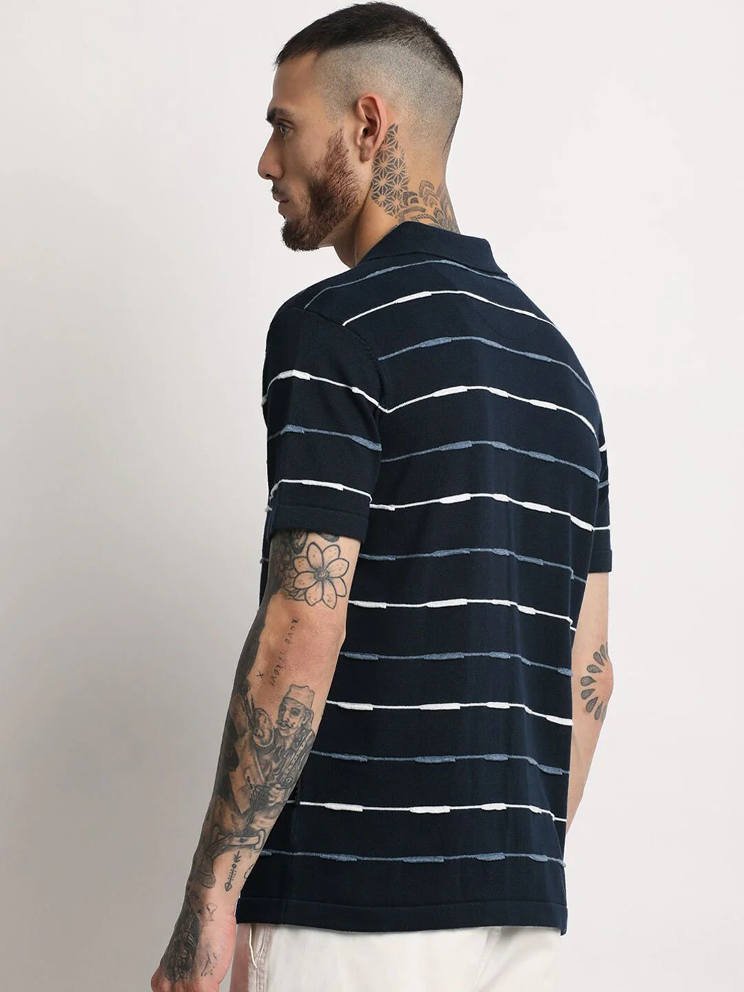 THE BEAR HOUSE Striped Polo Collar Pure Cotton Slim Fit T-shirt - Image 4
