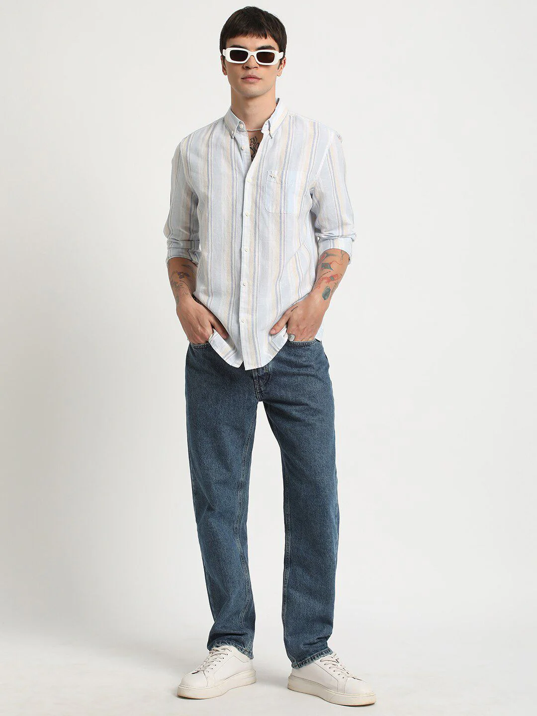 THE BEAR HOUSE Striped Slim Fit Cotton Linen Shirt - Image 4
