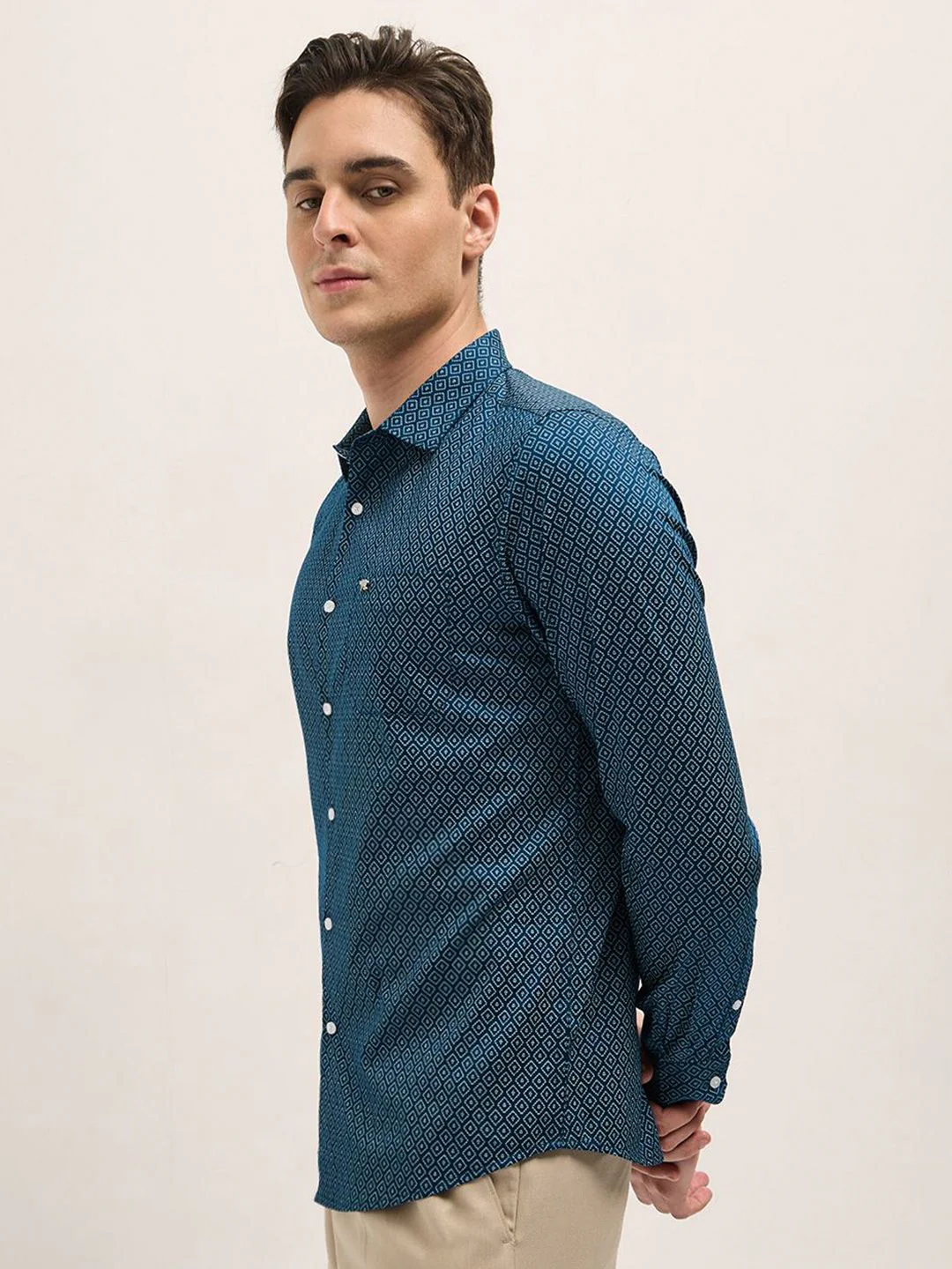 THE BEAR HOUSE Tailored Fit Geometric Printed Pure Cotton Formal Shirt - Image 3
