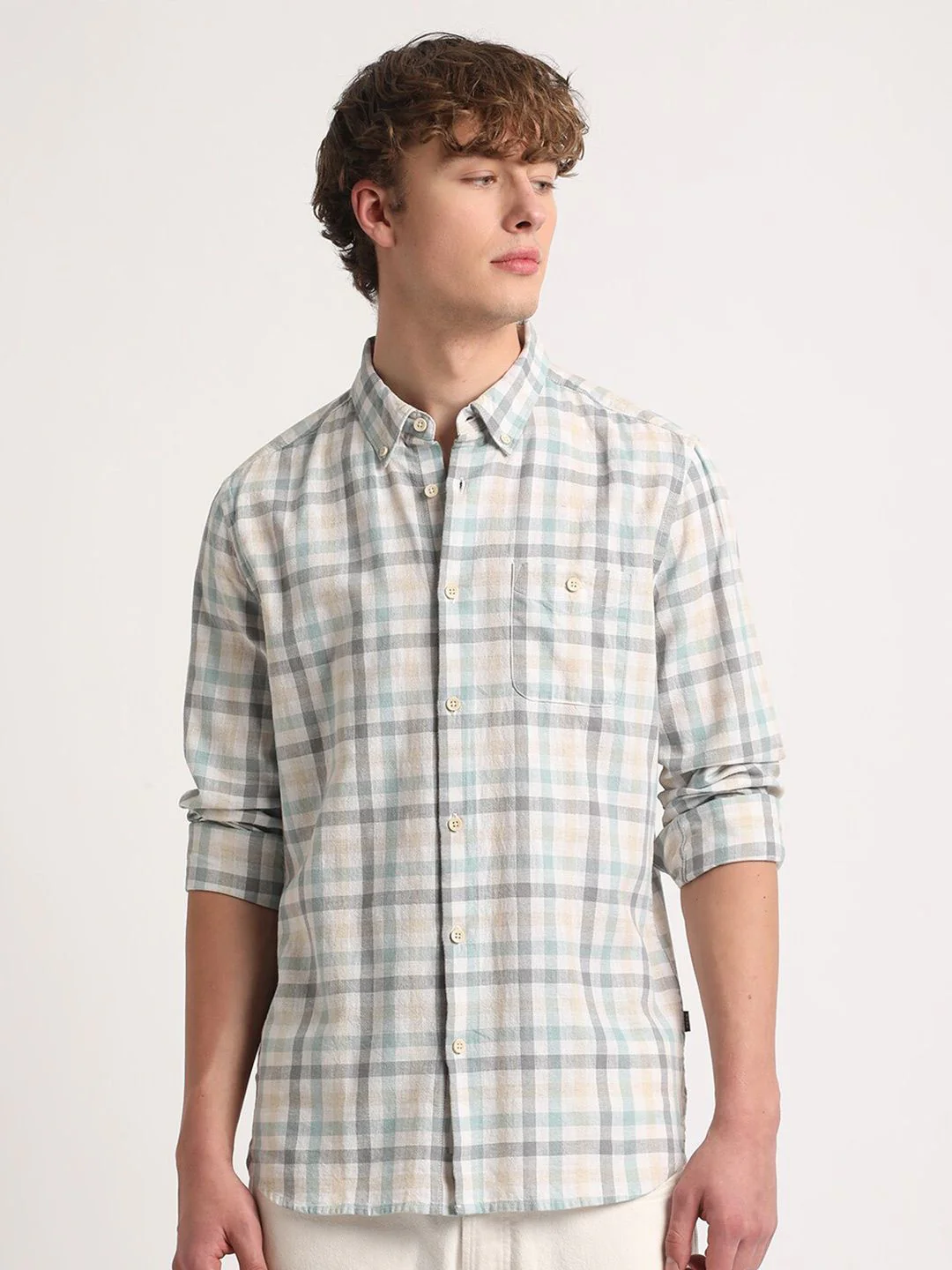 THE BEAR HOUSE Tartan Checks Slim Fit Cotton Linen Casual Shirt
