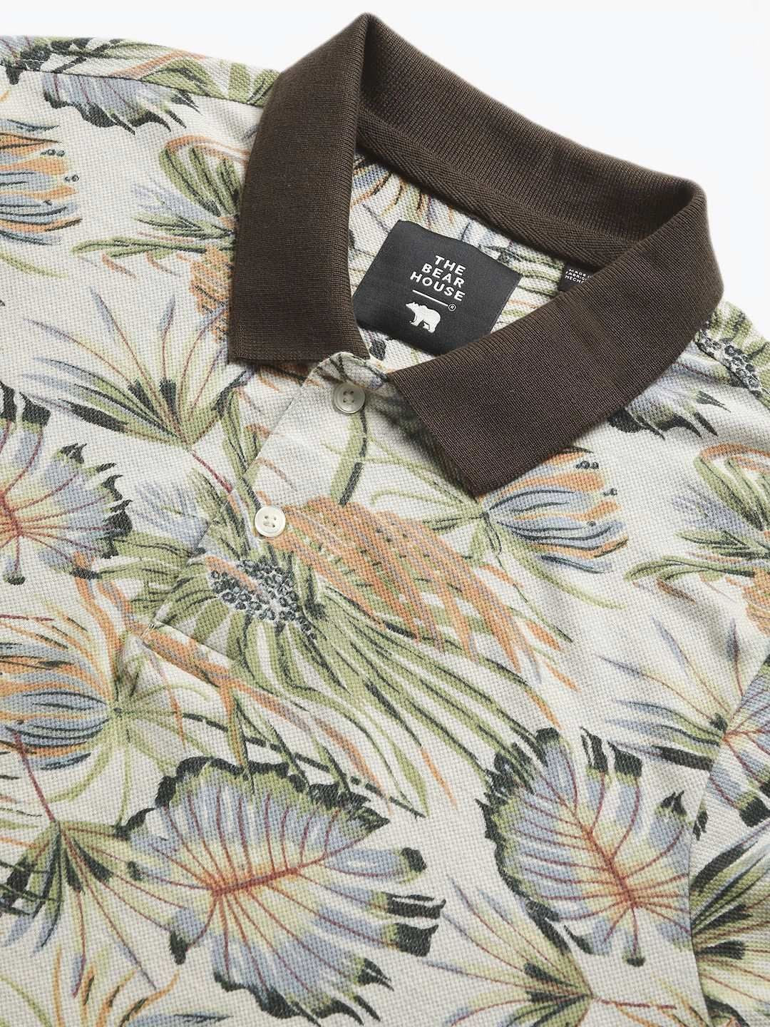 THE BEAR HOUSE Tropical Printed Polo Collar Pure Cotton T-Shirt - Image 6