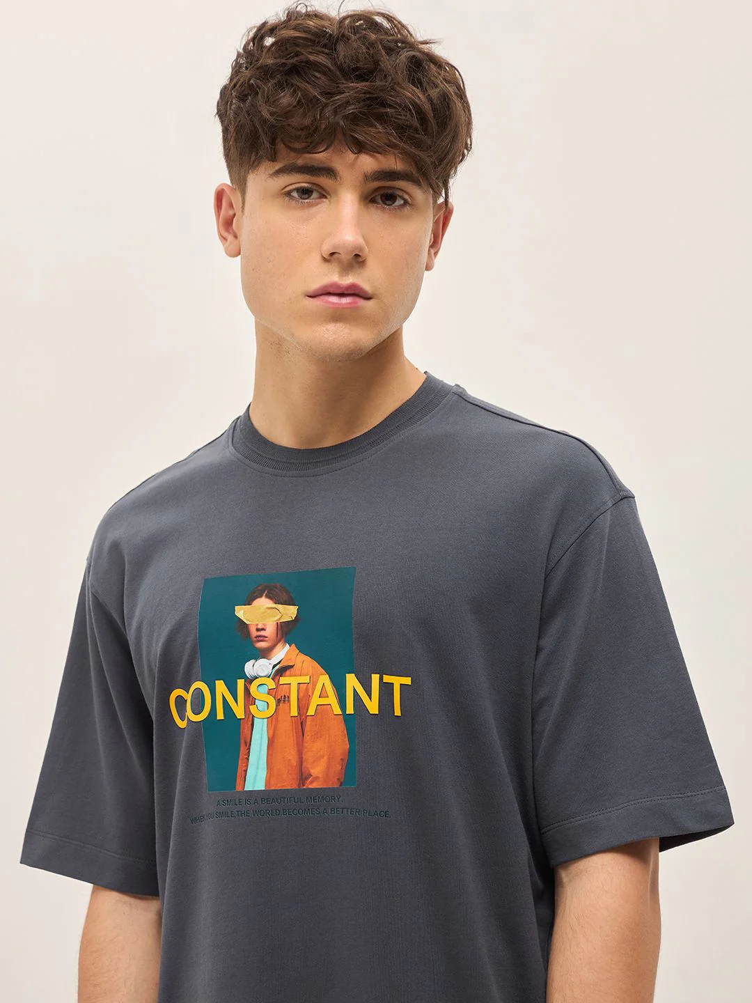 THE BEAR HOUSE Typography Printed Drop Shoulder Sleeves Cotton Oversized T-shirt - Image 3