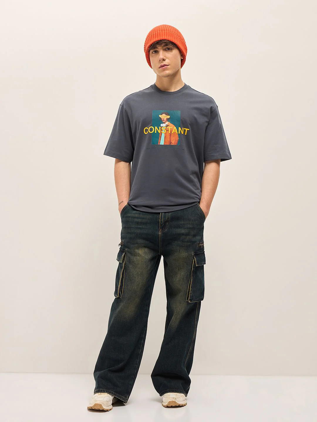 THE BEAR HOUSE Typography Printed Drop Shoulder Sleeves Cotton Oversized T-shirt - Image 6