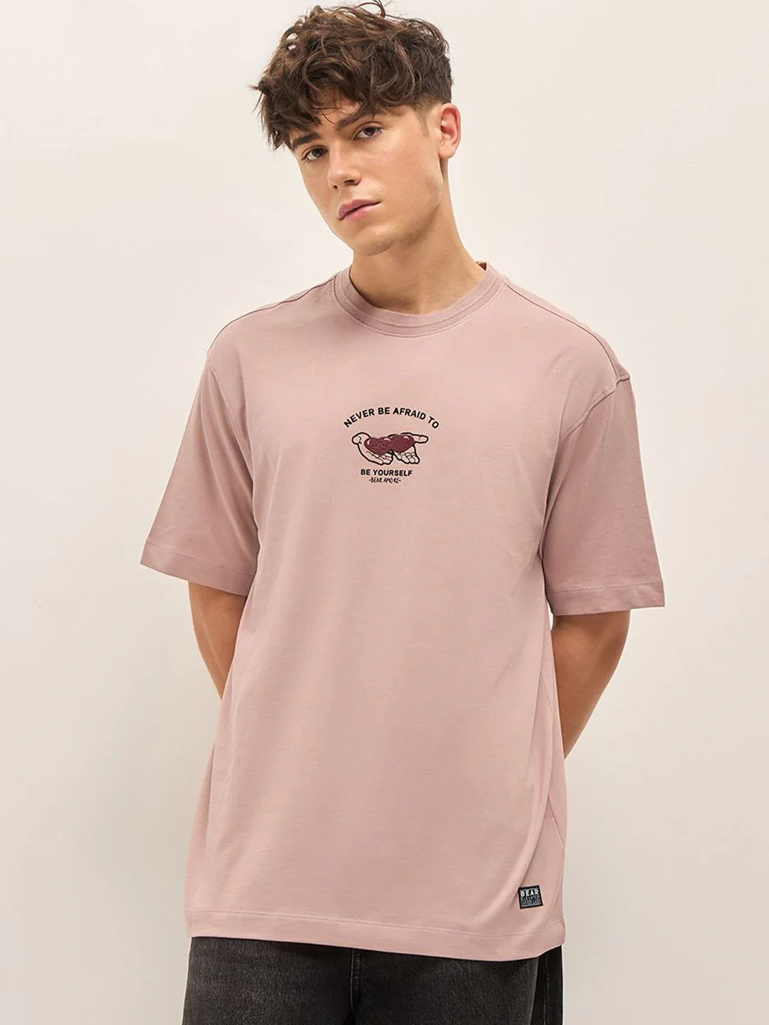 THE BEAR HOUSE Typography Printed Drop Shoulder Sleeves Pure Cotton Oversized T-shirt - Image 2