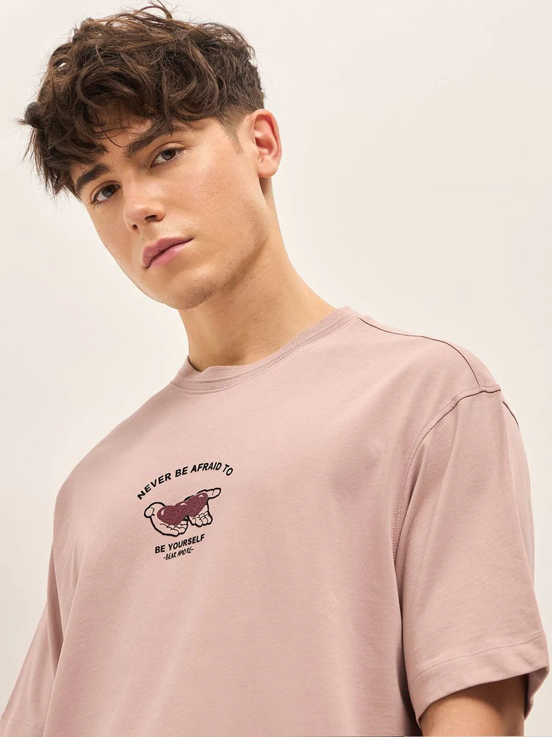 THE BEAR HOUSE Typography Printed Drop Shoulder Sleeves Pure Cotton Oversized T-shirt - Image 3