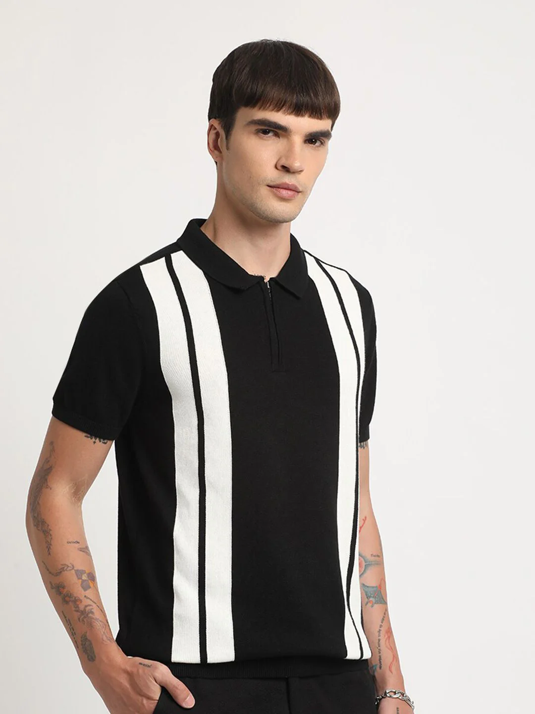 THE BEAR HOUSE Vertical Striped Regular Fit Polo Collar Cotton T-shirt - Image 5
