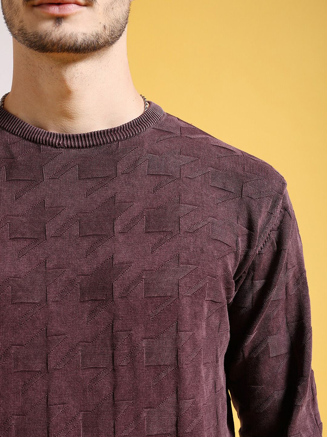 The Indian Garage Co Brown Geometric Self Design Acrylic Pullover - Image 2