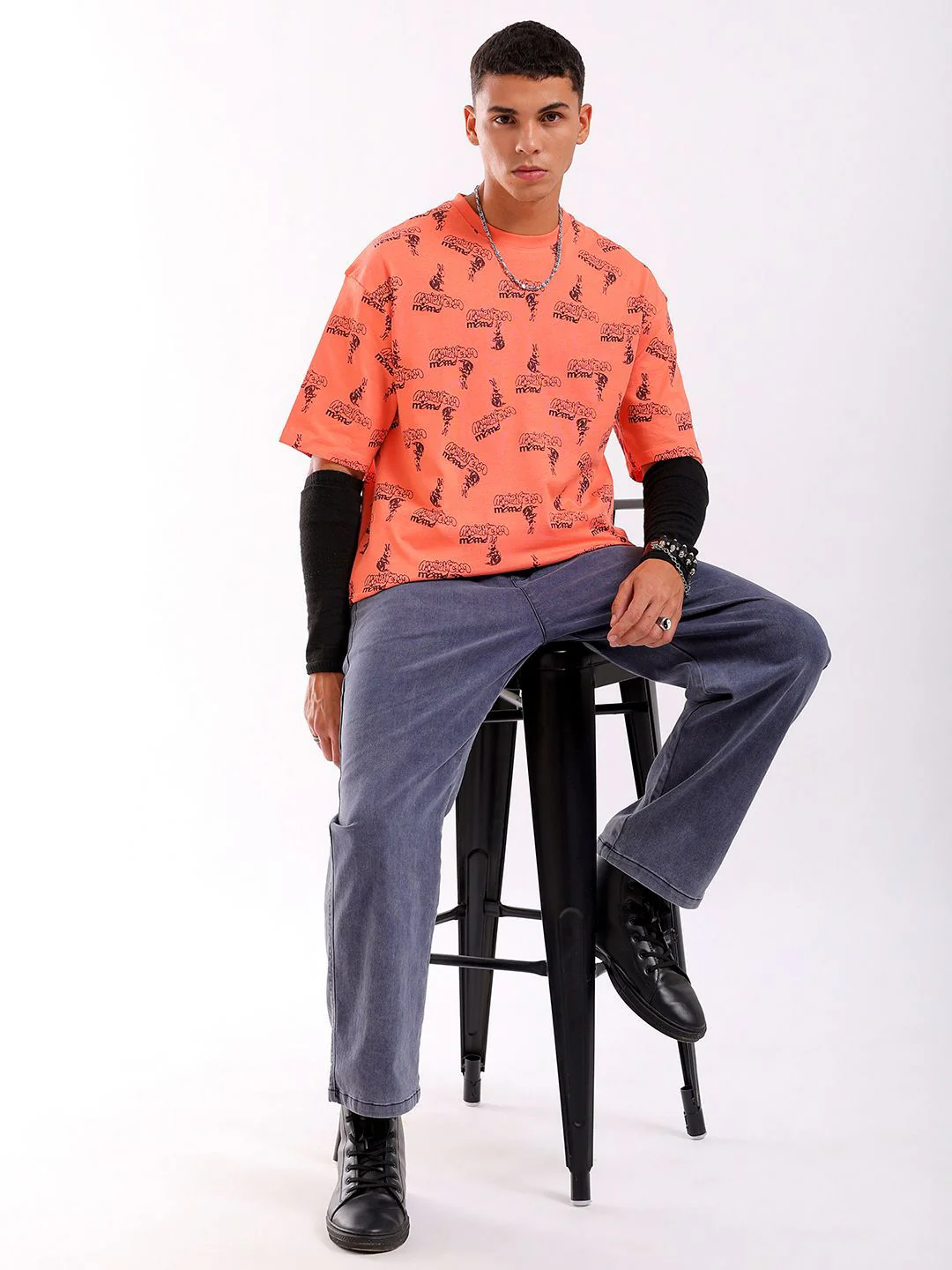 The Indian Garage Co Men All Over Printed Round Neck Pure Cotton Boxy Oversized T-shirt - Image 6