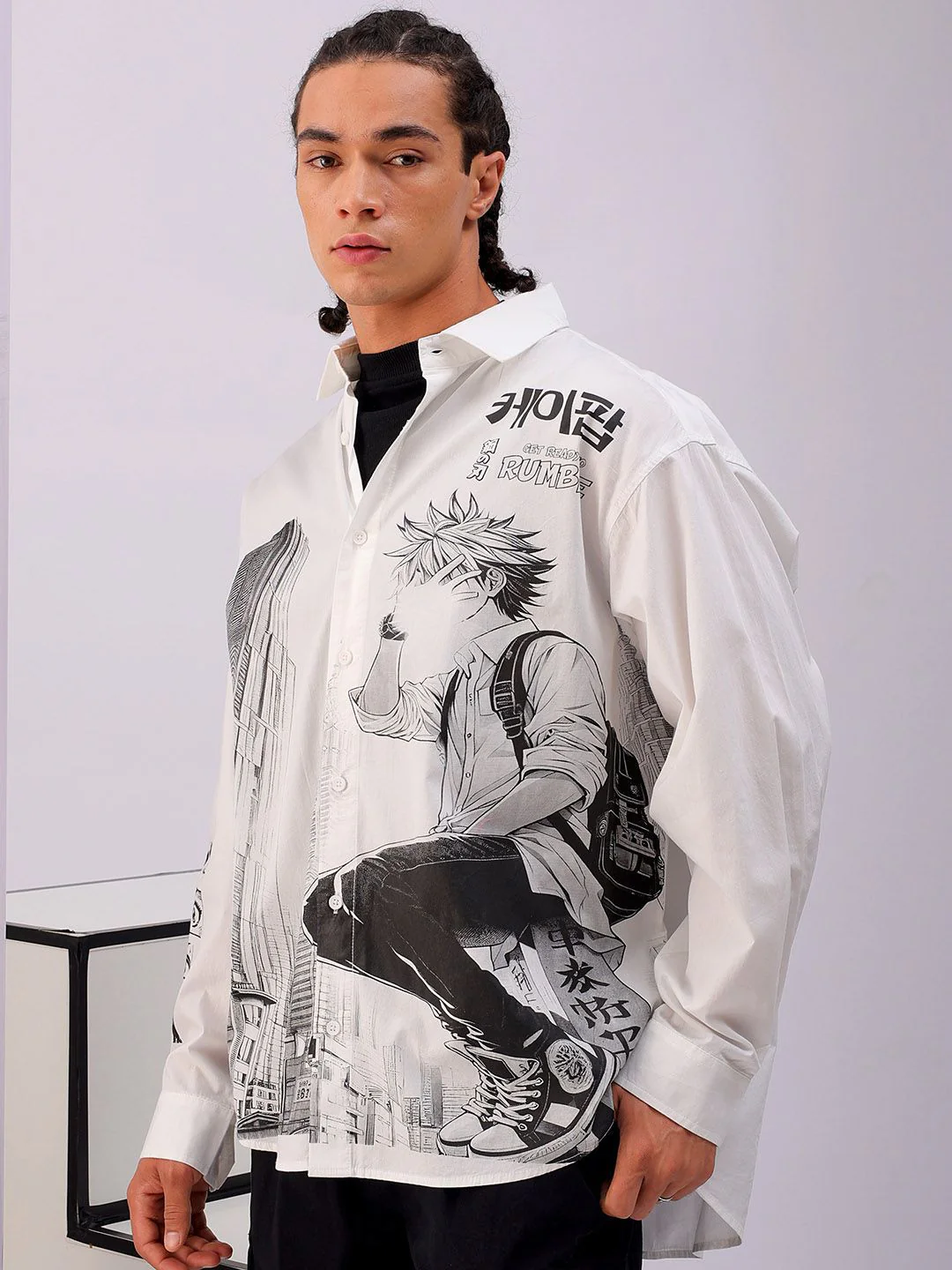 The Indian Garage Co Men Anime Printed Cotton Oversized Boxy Streetwear Shirt - Image 5