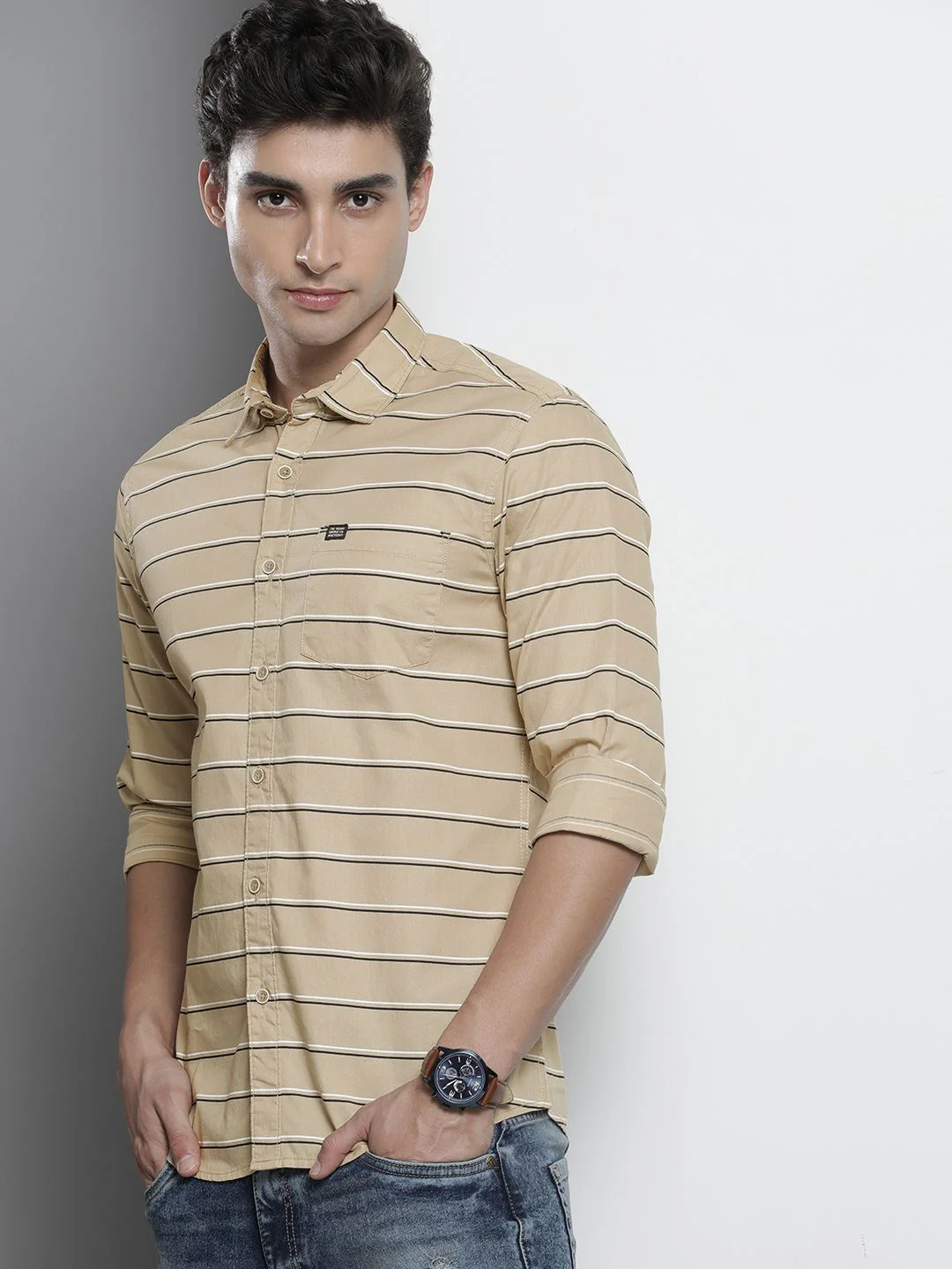 The Indian Garage Co Men Beige Horizontal Striped Casual Shirt - Image 5