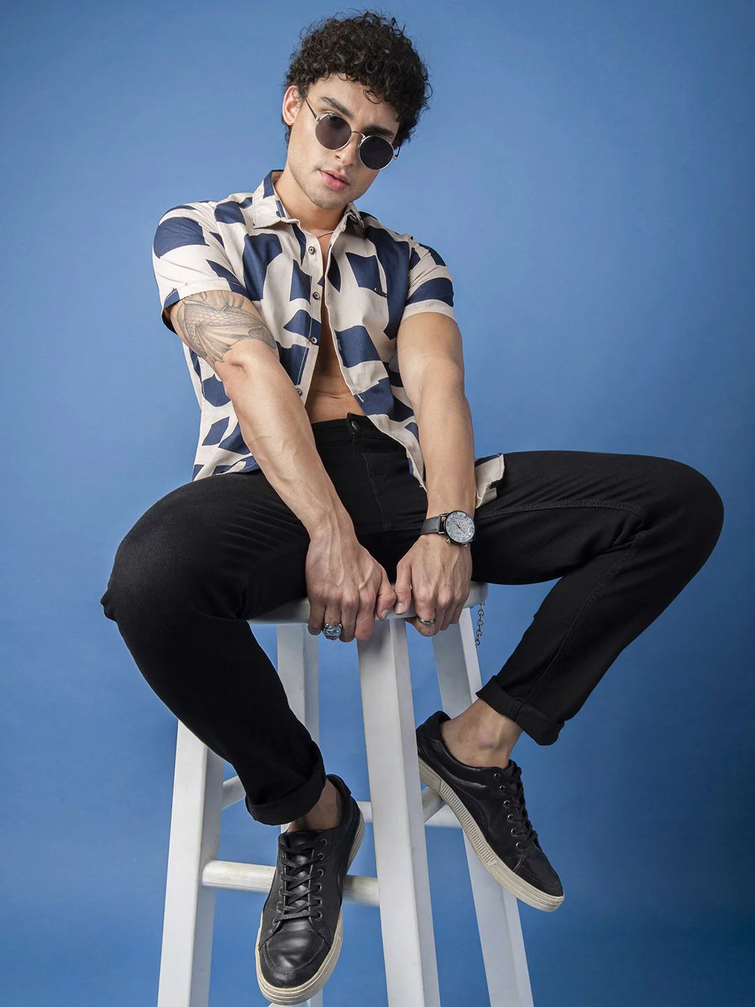 The Indian Garage Co Men Beige & Navy Blue Slim Fit Printed Casual Shirt - Image 4