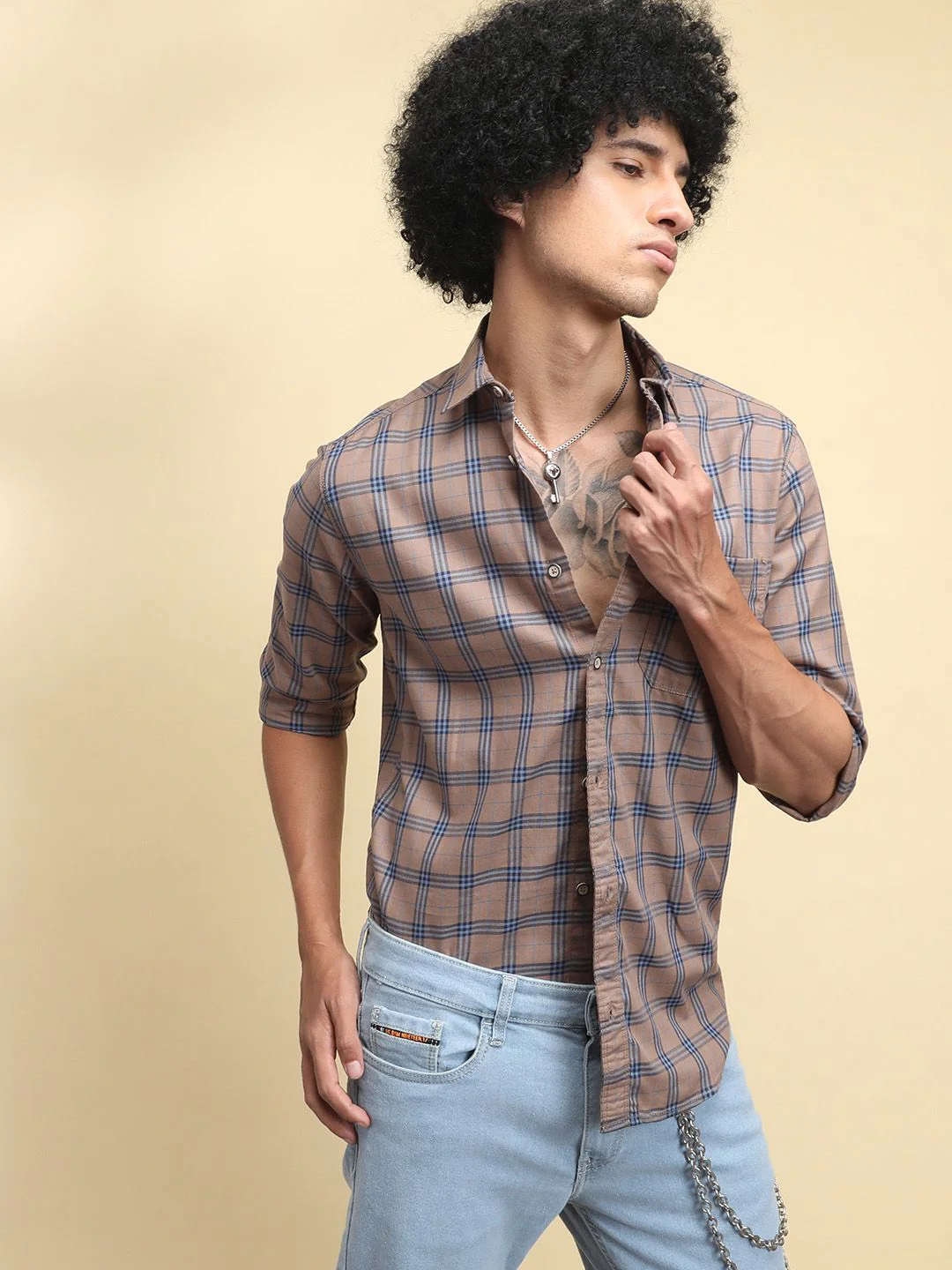 The Indian Garage Co Men Beige & Navy Blue Slim Fit Printed Casual Shirt - Image 3