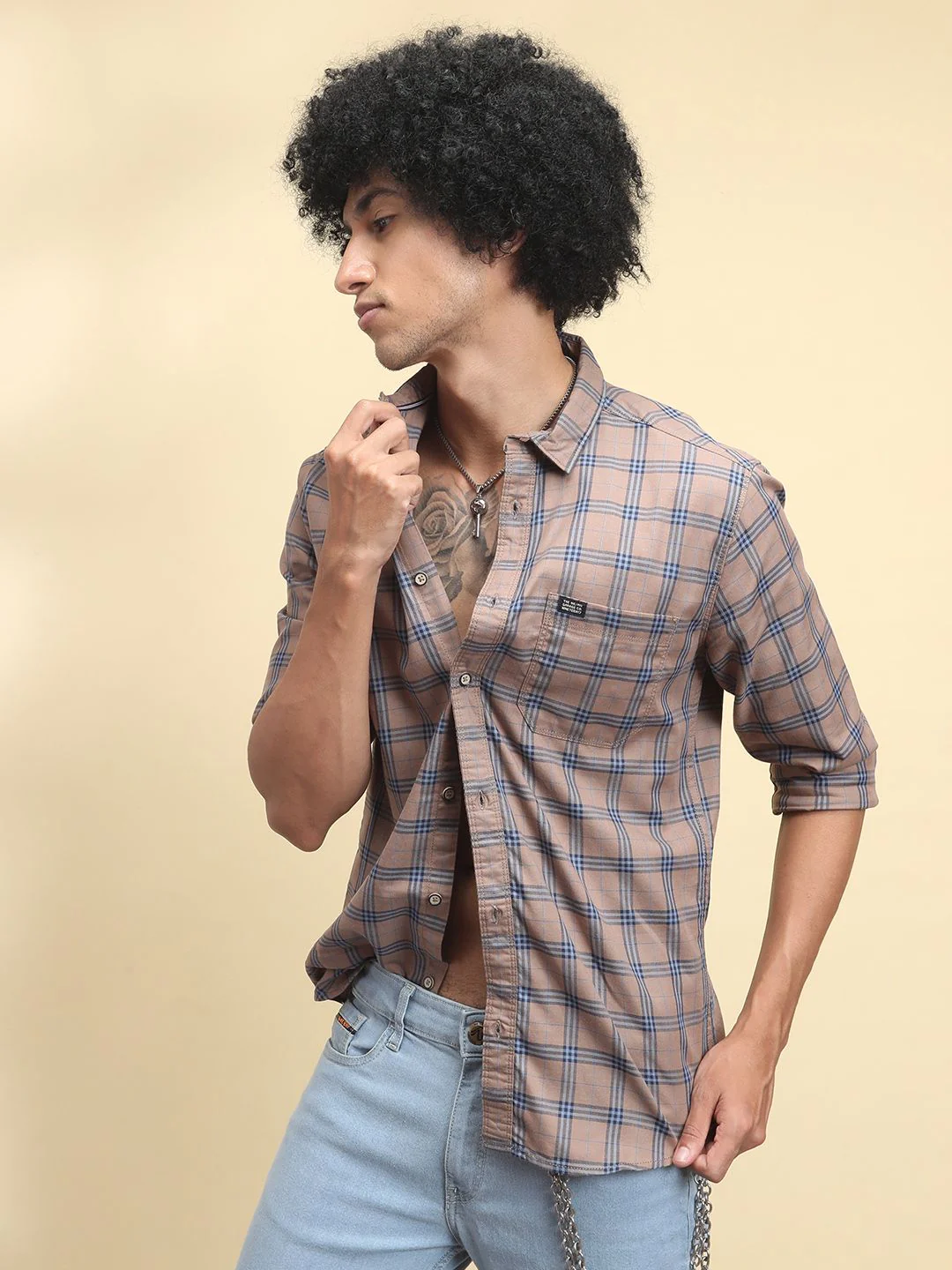 The Indian Garage Co Men Beige & Navy Blue Slim Fit Printed Casual Shirt - Image 5